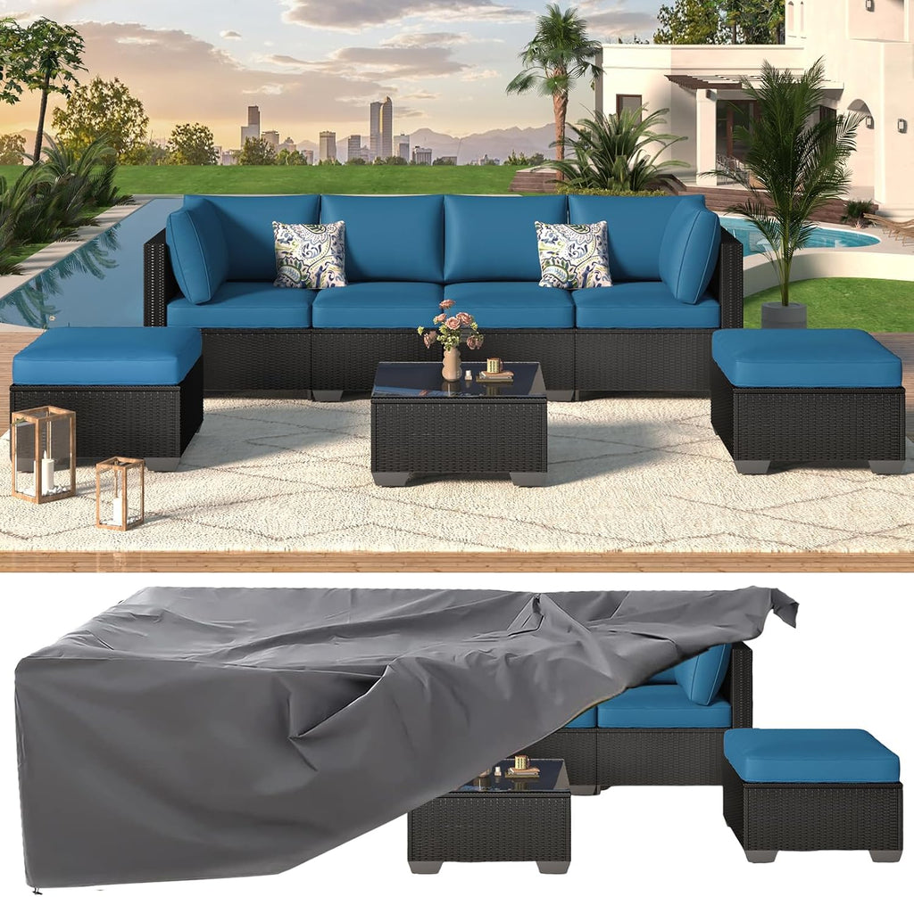 U-MAX 8 Piece Outdoor Patio Furniture Set, PE Rattan Outdoor Wicker Sectional Furniture Chair Set with Cushions and Tea Table, Black Rattan and Peacock Blue Cushion (with Cover)