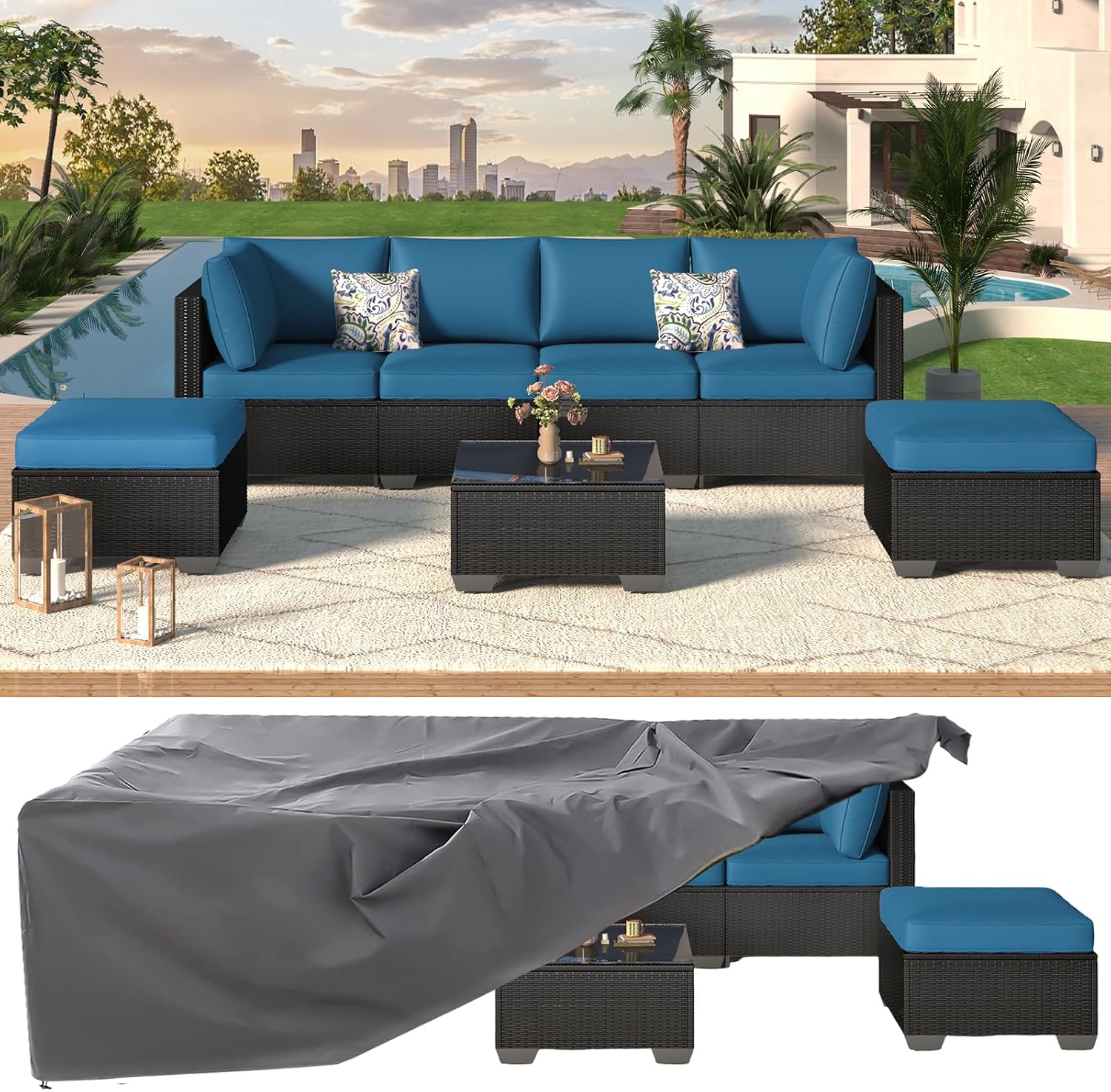 U-MAX 8 Piece Outdoor Patio Furniture Set, PE Rattan Outdoor Wicker Sectional Furniture Chair Set with Cushions and Tea Table, Black Rattan and Peacock Blue Cushion (with Cover)