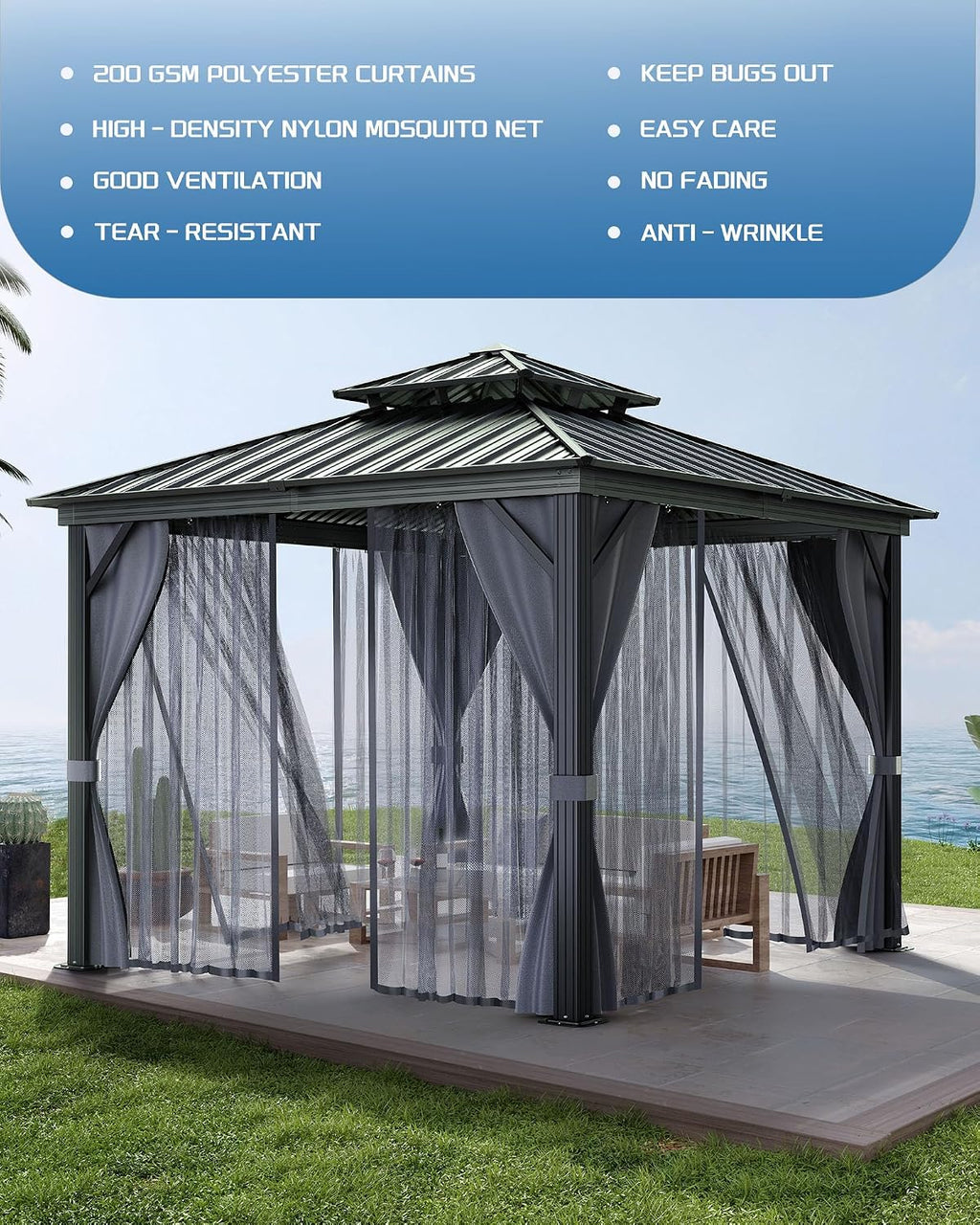 GarveeHome Outdoor Gazebo 10x10 Hardtop, Permanent Pavilion with Aluminum Frame, Double Roof, Mosquito Net & Privacy Curtains. Ideal Canopy Tent for Patio, Garden, Deck.Carpa para Patio for Parties