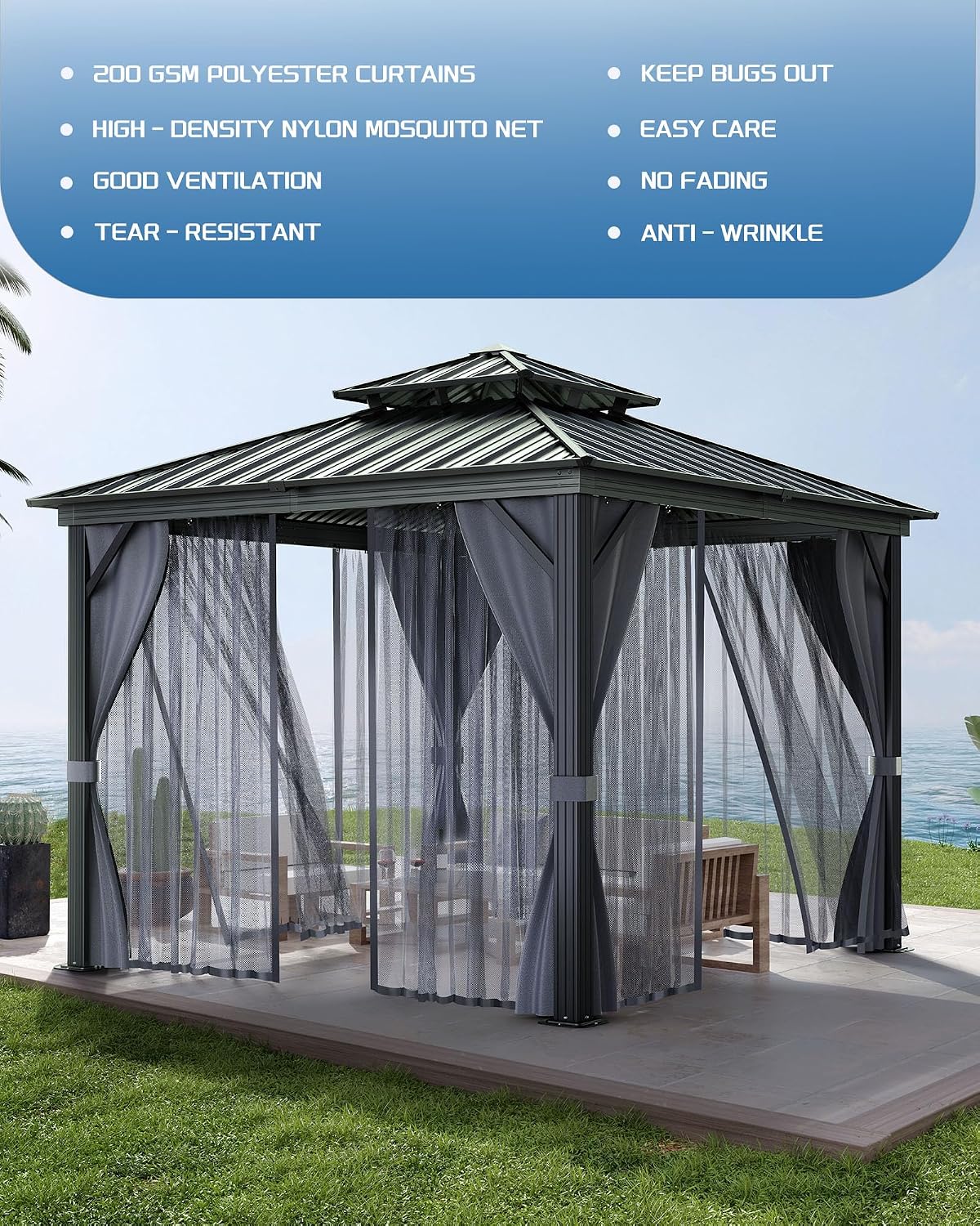 GarveeHome Outdoor Gazebo 10x10 Hardtop, Permanent Pavilion with Aluminum Frame, Double Roof, Mosquito Net & Privacy Curtains. Ideal Canopy Tent for Patio, Garden, Deck.Carpa para Patio for Parties