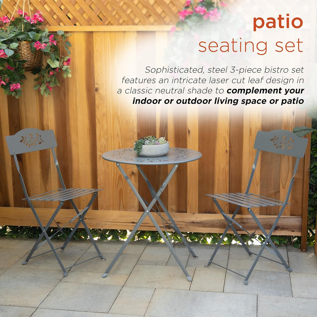 Alpine Corporation Indoor/Outdoor 3-Piece Bistro Set Folding Table and Chairs Patio Seating, Gray