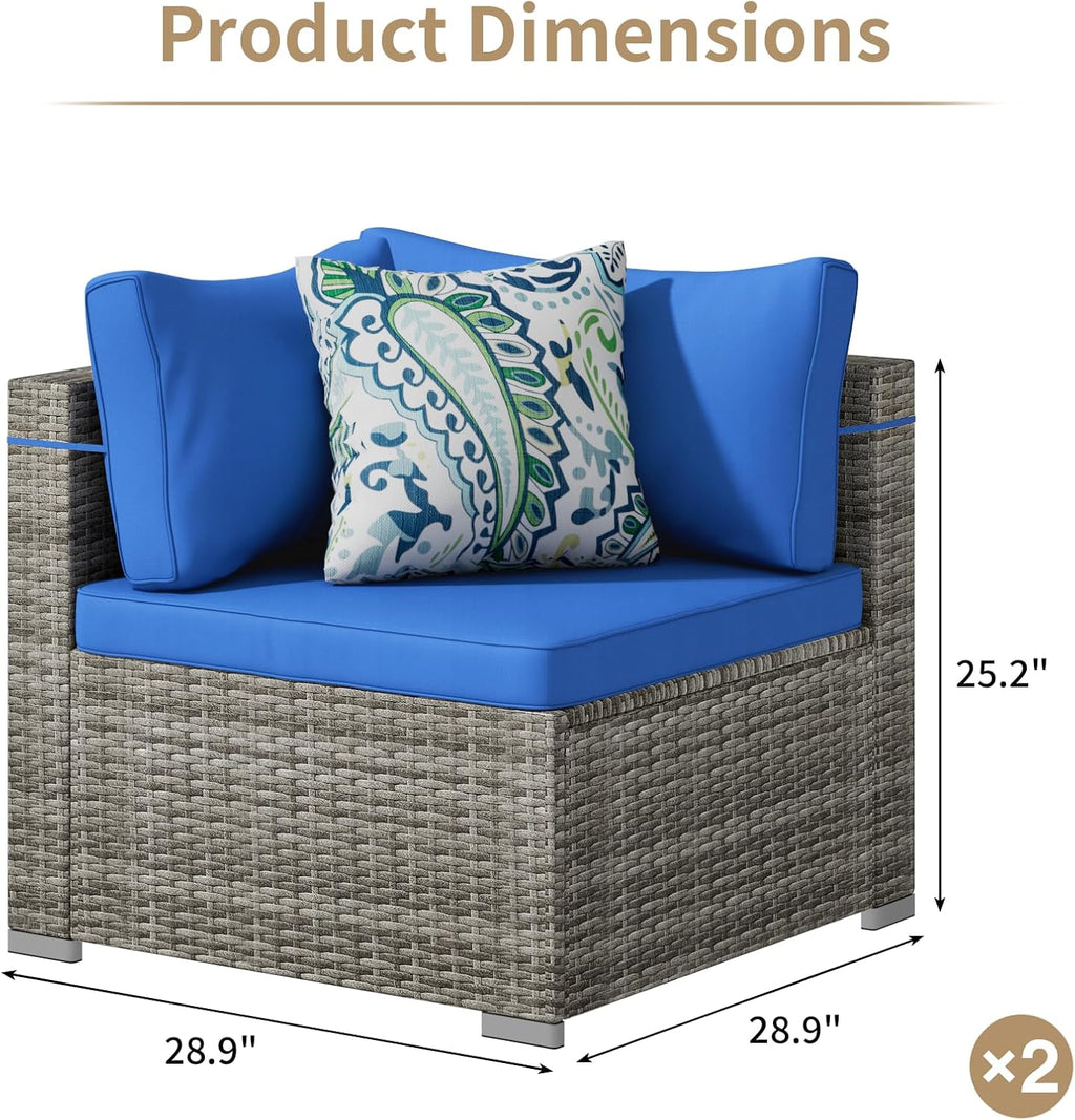 Tradare 2 Piece Patio Furniture Set, Outdoor Wicker Patio Sofa Set, PE Rattan Sectional Couch and Blue Cushions, All-Weather 2 Piece Outdoor Patio Furniture Sets, Grey