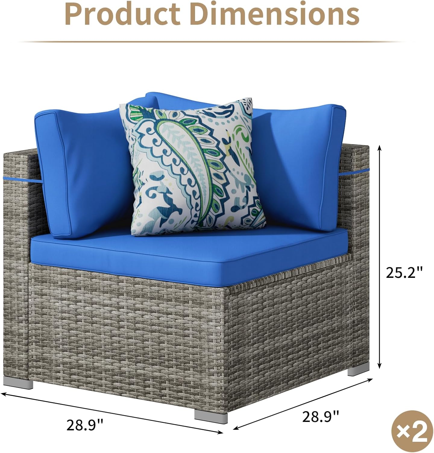 Tradare 2 Piece Patio Furniture Set, Outdoor Wicker Patio Sofa Set, PE Rattan Sectional Couch and Blue Cushions, All-Weather 2 Piece Outdoor Patio Furniture Sets, Grey