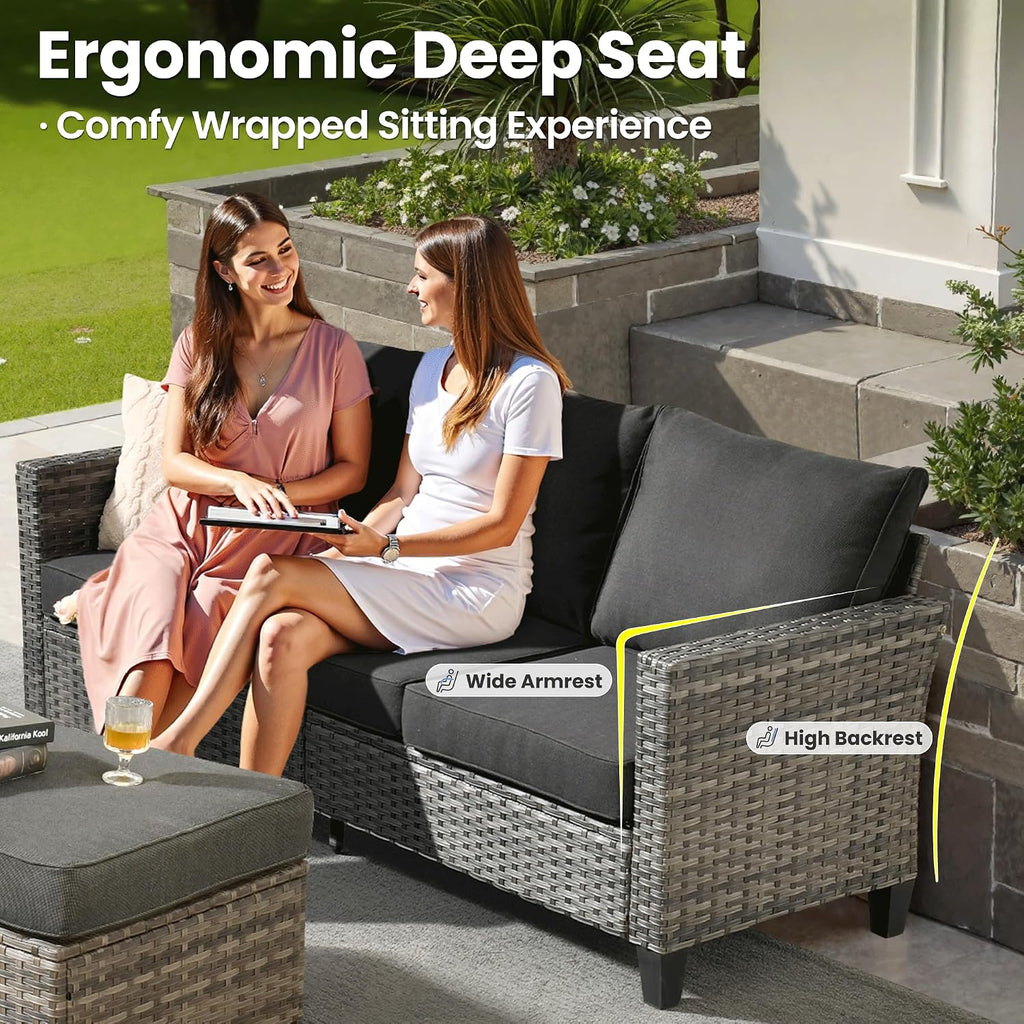 ovios 7 Pieces Patio Furniture Set, Outdoor Wicker Sofa Couch with Rocking Swivel Chairs Fire Pit Table, Modern Deep Seat Rattan Conversation Sets for Deck Porch, Black