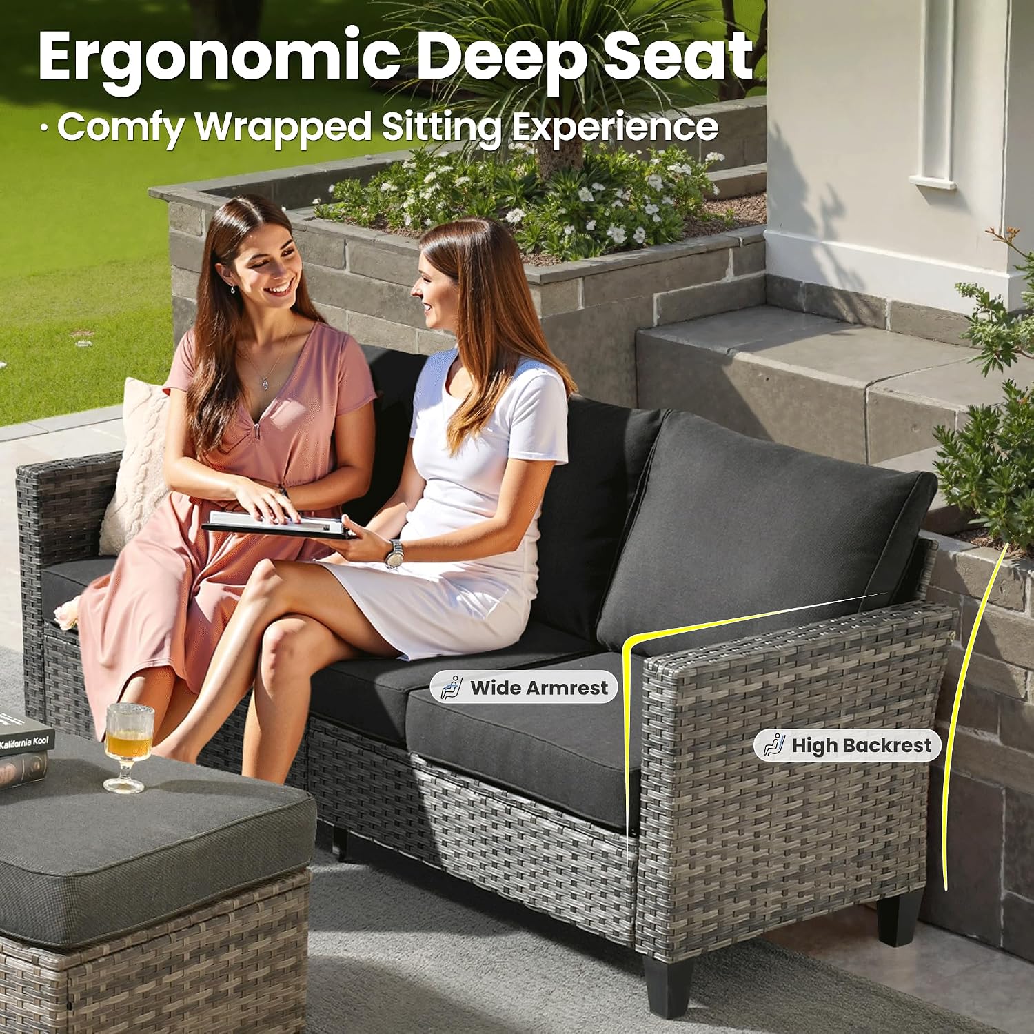 ovios 6-Pieces Patio Furniture Set, Outdoor Wicker Sofa Couch with Swivel Glider Chairs Comfy Cushions, Modern Conversation Set for Backyard Porch, Black
