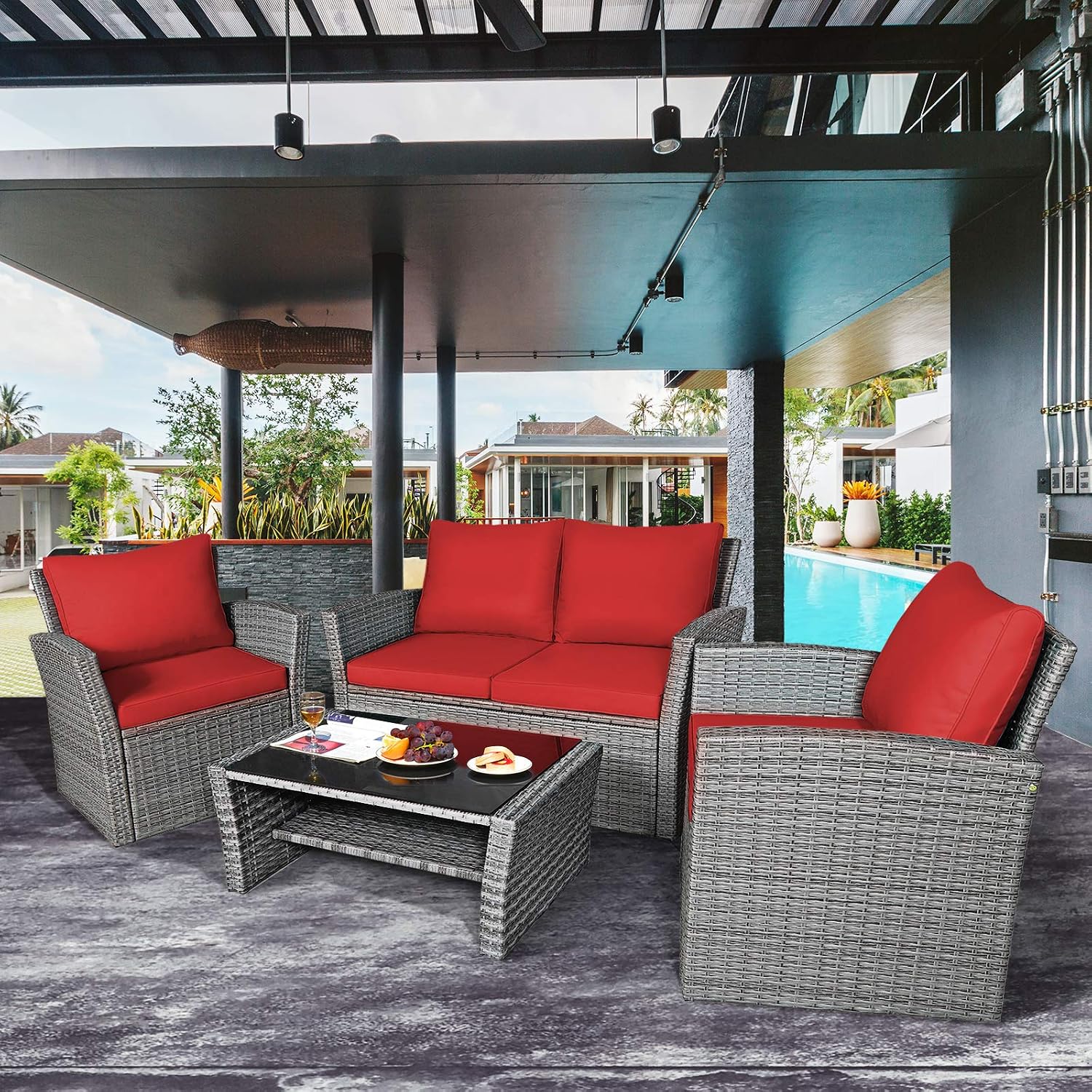 COSTWAY 4 Pieces Patio Rattan Furniture Set, Outdoor Wicker Sofa Set with Tempered Glass Coffee Table, Cushions, All Weather Rattan Conversation Set for Yard Balcony Backyard Pool (Red)