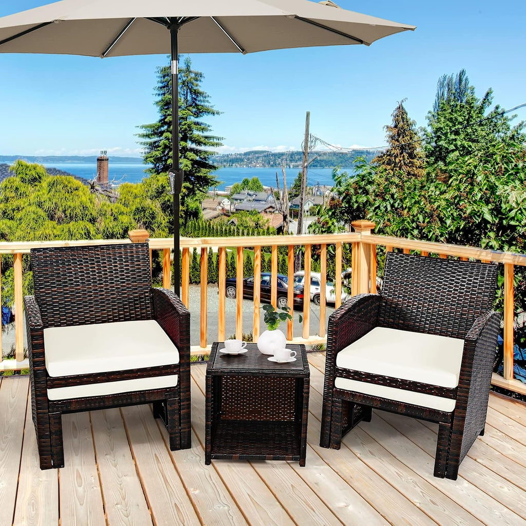Tangkula 5 Pieces Wicker Patio Conversation Set, PE Rattan Outdoor Chairs & Ottomans Set with Single-Door Storage Coffee Table, Space-Saving Patio Furniture for Poolside, Backyard, Lawn, Deck (White)