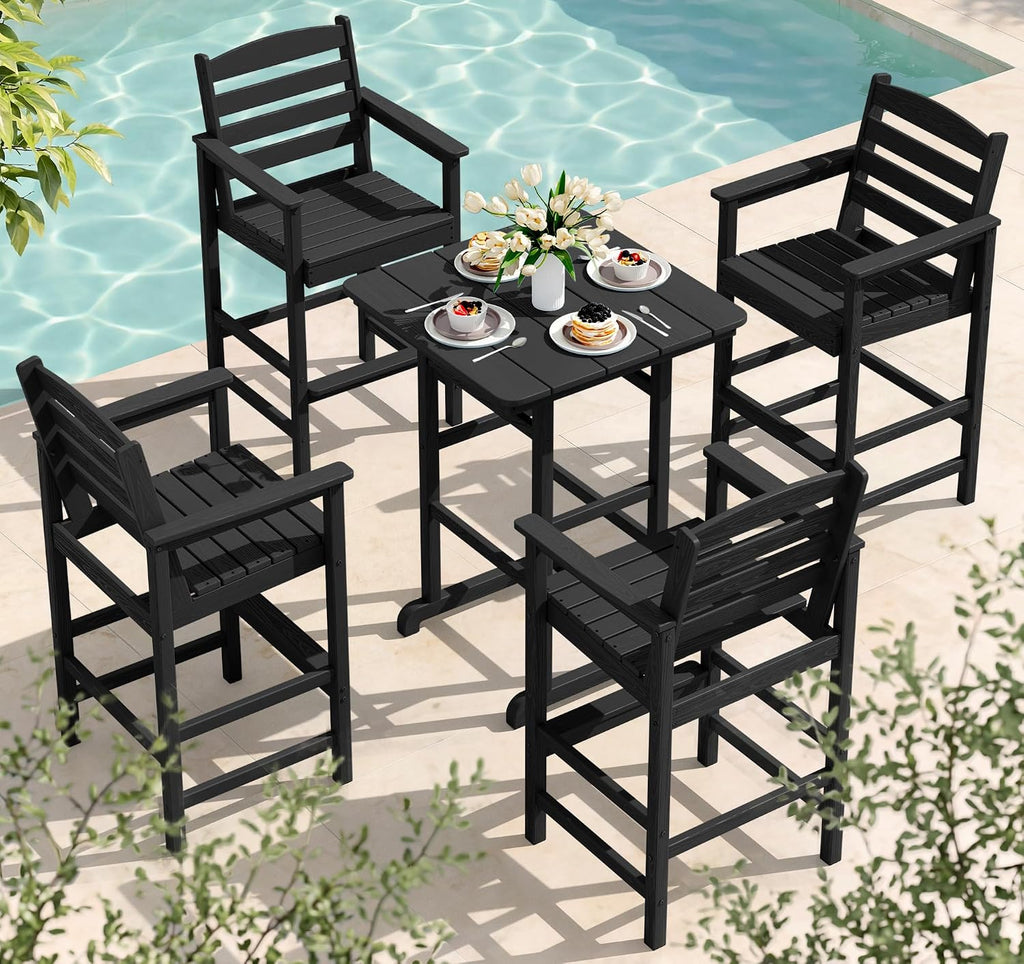 SERWALL 5-Piece Adirondack Bar Chairs Set, HDPE Adirondack Barstools with Pub Table, Outdoor Patio Bar Furniture for Bistro, Balcony, Poolside, Garden - Black
