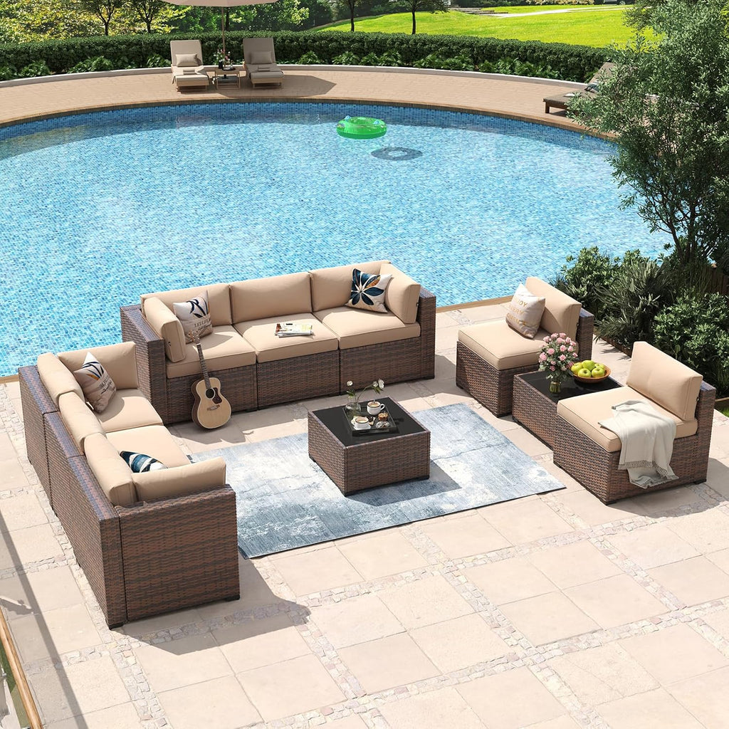 Aoxun 10 Piece Patio Furniture Set Wicker Rattan Patio Conversation Set Outdoor Sectional Sofa Set with Coffee Table and 4' Thickened Cushions, Beige(Waterproof Cover Included)