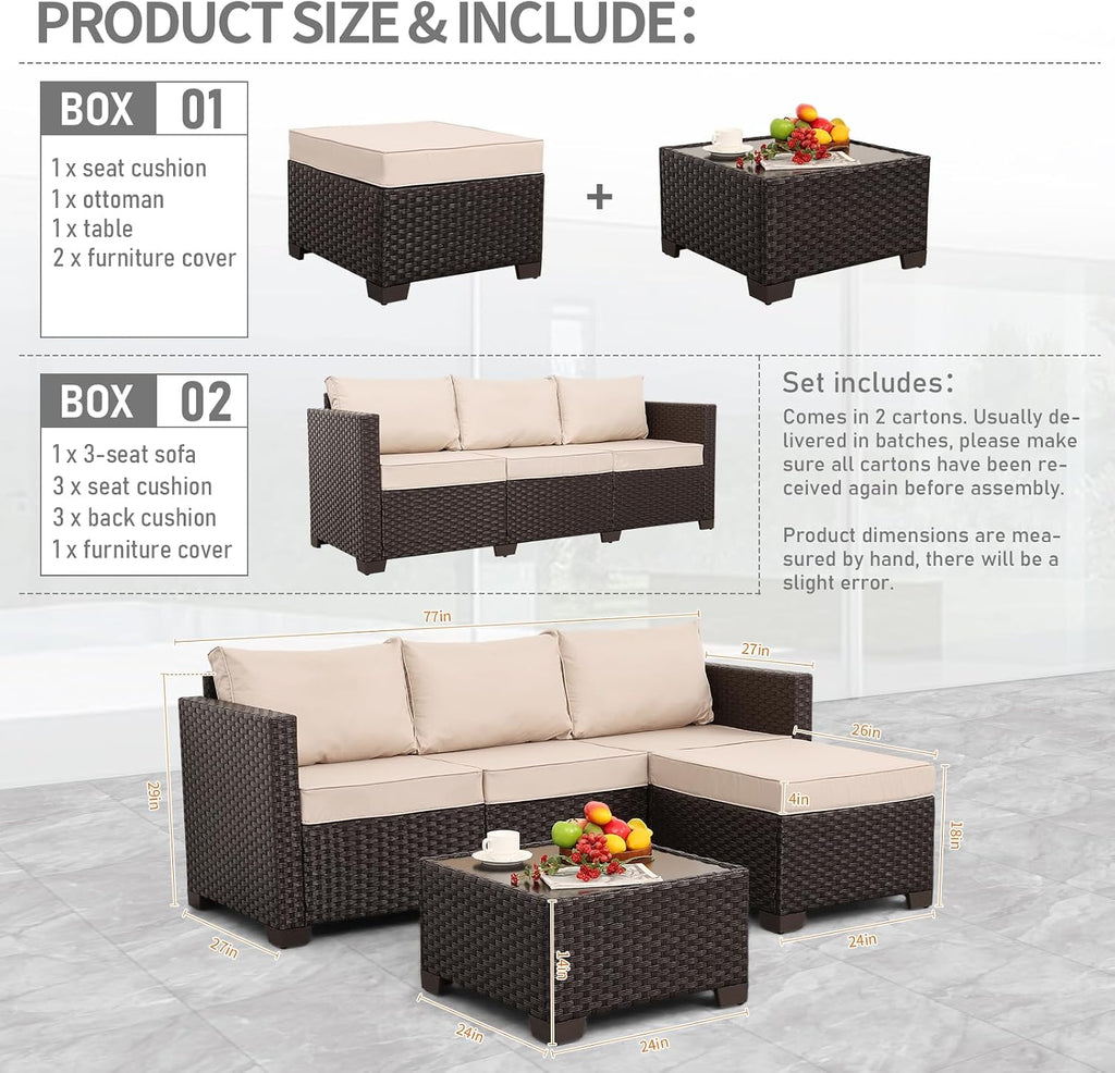 Rattan Star Patio Furniture Set 3 Piece Outdoor Sectional Sofa Set with Wicker Couch, Ottoman, Patio Table All-Weather Non-Slip Cushions and Waterproof Covers, Khaki