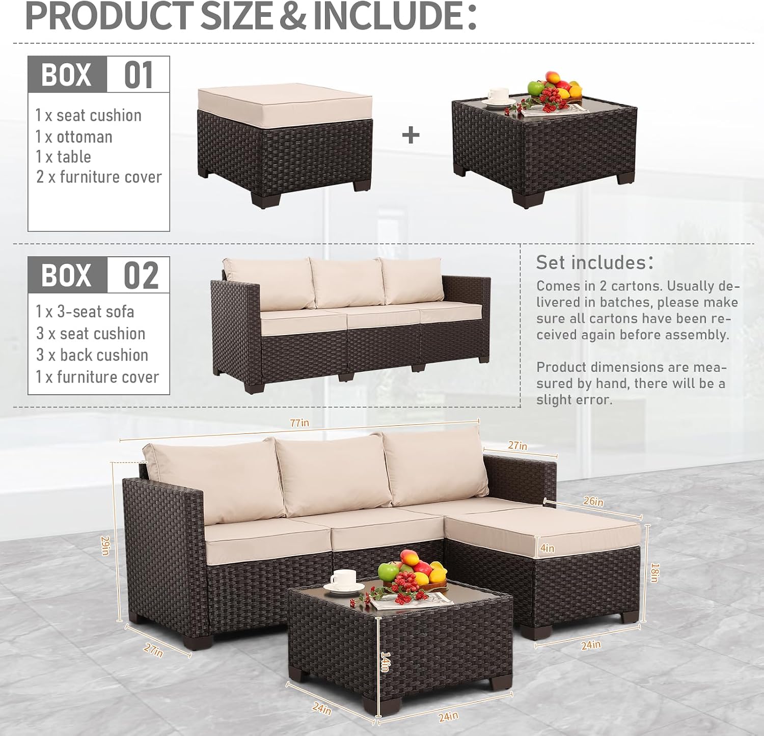 Rattan Star Patio Furniture Set 3 Piece Outdoor Sectional Sofa Set with Wicker Couch, Ottoman, Patio Table All-Weather Non-Slip Cushions and Waterproof Covers, Khaki