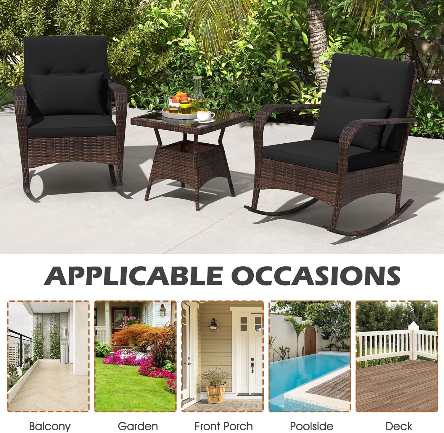 ORALNER 3 Pieces Patio Furniture Set, Outdoor Wicker Rocking Chairs with Cushions, Pillows, Glass Coffee Table, Rattan Bistro Rocker Set for Balcony Front Porch Poolside Garden Deck Yard (Black)