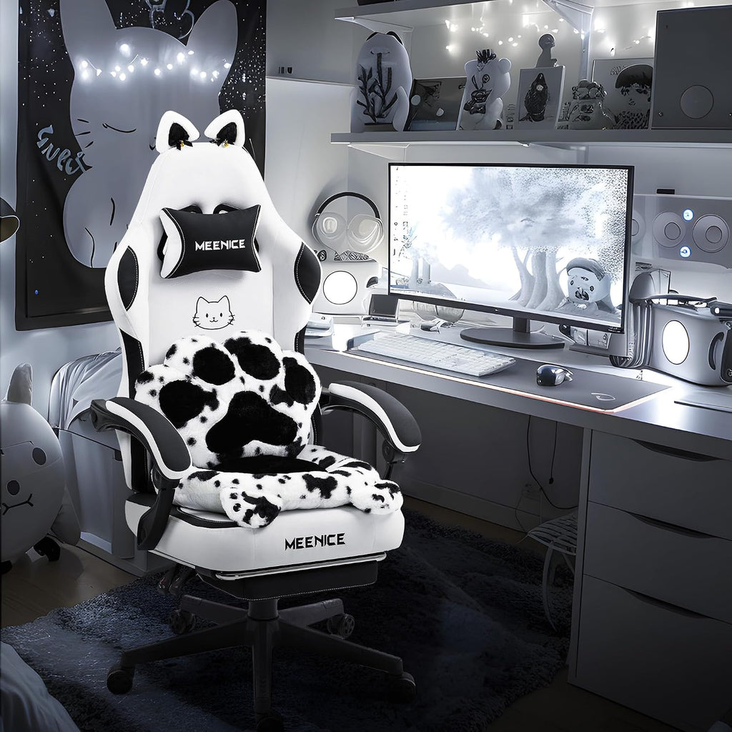 Gaming Chair Cute with Cat Ears Paw Lumbar and Cushion,Ergonomic Computer Chair with Footrest,Reclining PC Game Chair for Girl Computer Chair 300lbs for Adult Black White