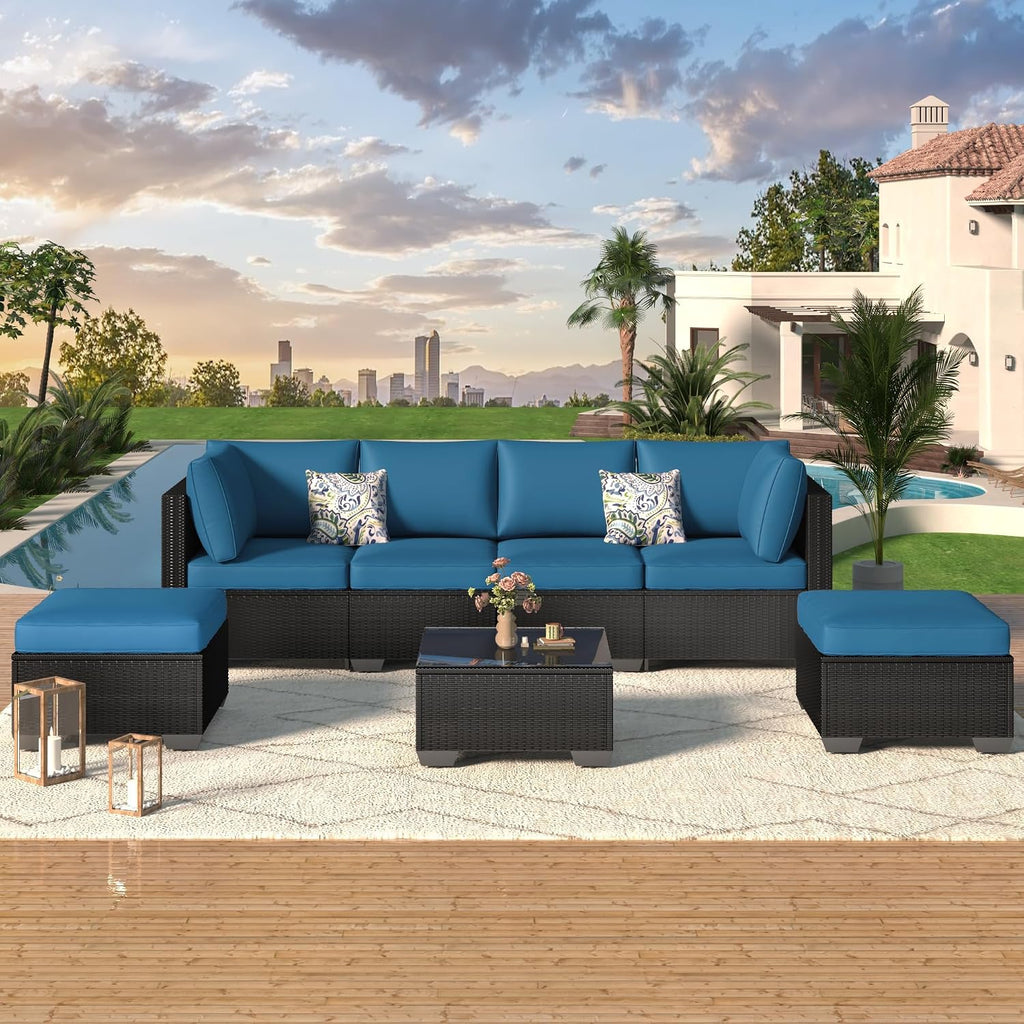 U-MAX 8 Piece Outdoor Patio Furniture Set, PE Rattan Outdoor Wicker Sectional Furniture Chair Set with Cushions and Tea Table, Black Rattan and Peacock Blue Cushion (with Cover)