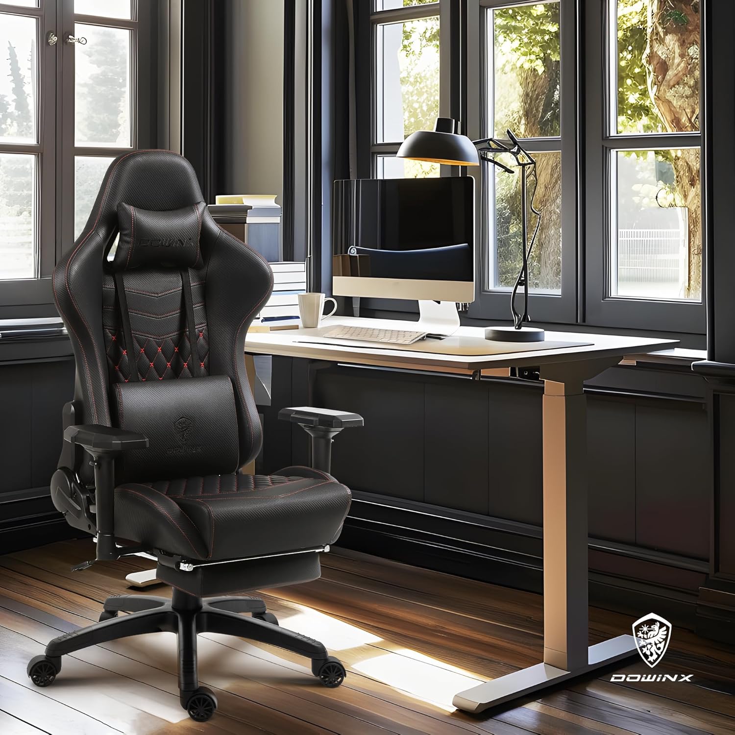 Dowinx Big and Tall Gaming Chair 400LBS, Ergonomic Computer Chair with Massage Lumbar Support & Footrest, High Back Comfortable Office & Gaming Chair with 4D Armrests, PU Leather, Black
