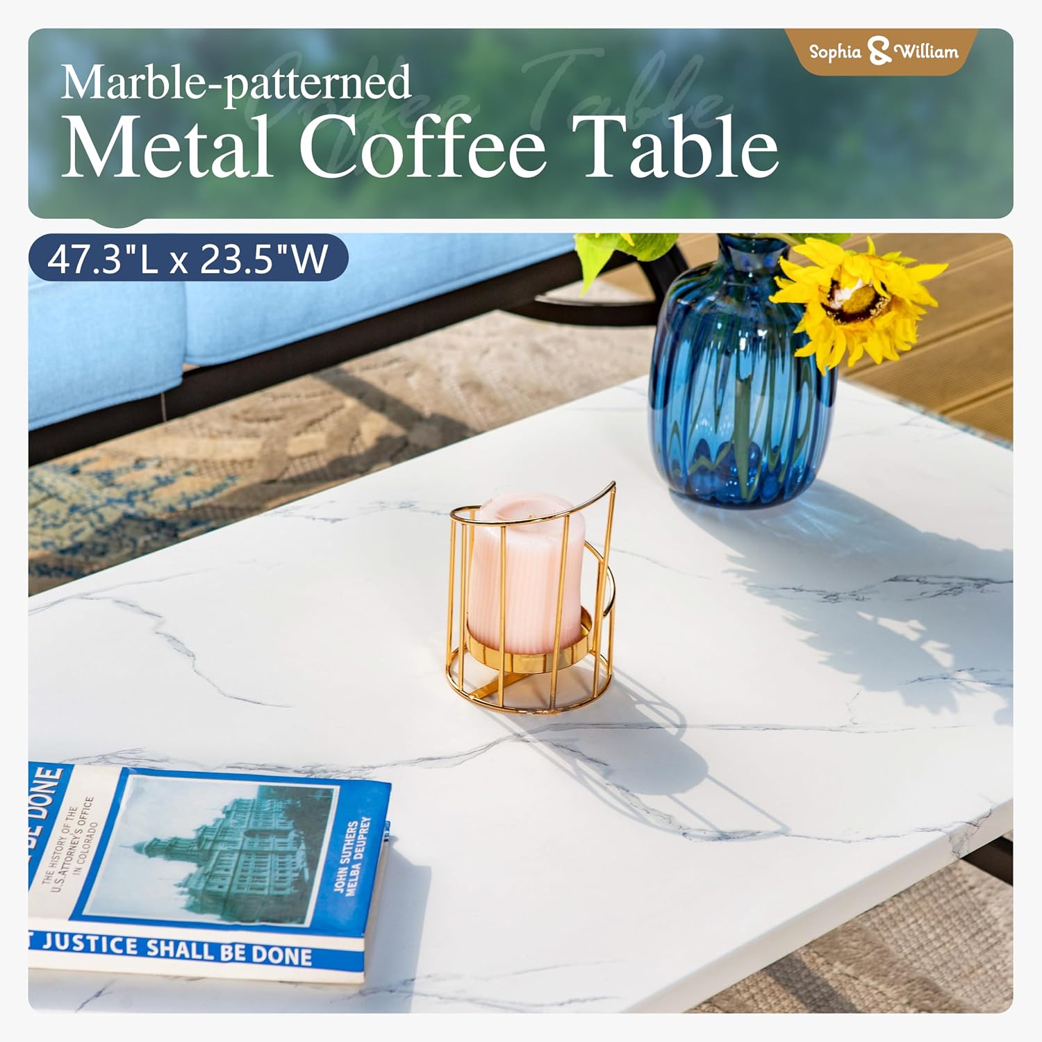 Sophia & William Patio Furniture Sets 5 Seats Outdoor Metal Conversation Sets 4 Pcs with 2 x Cushioned Swivel Sofa Chairs,1 x 3-Seat Sofa, 1x Marbling Metal Coffee Table Lawn Backyard Poolside Blue