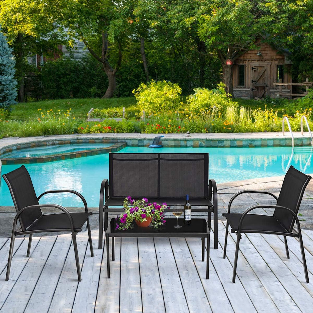 Tangkula 4 Pieces Patio Furniture Set, Metal Frame Heavy Duty Outdoor Conversation Set, Includes Glass Top Coffee Table, 2 Armrest Chairs and Loveseat, Suitable for Lawn Garden Porch Balcony Backyard