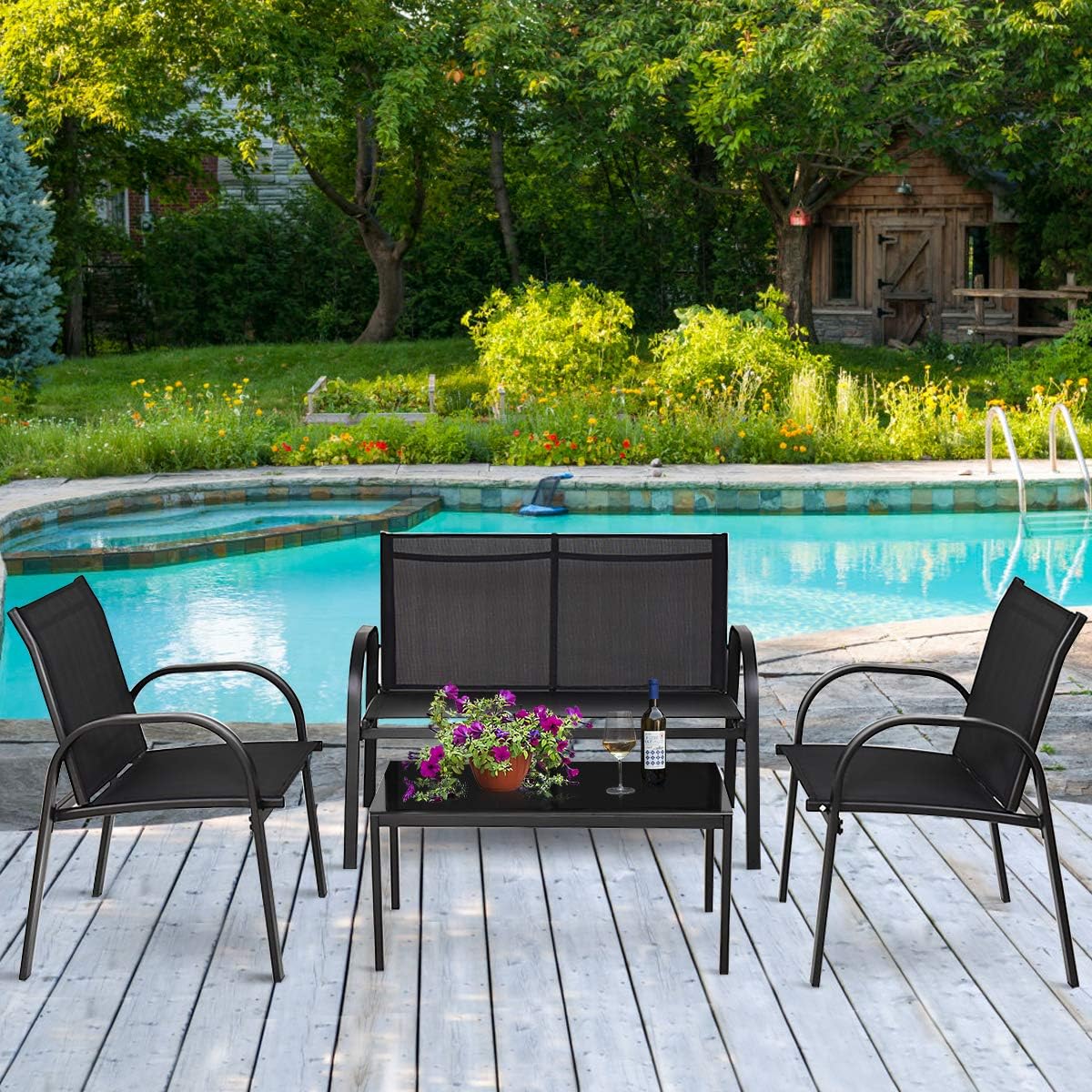 Tangkula 4 Pieces Patio Furniture Set, Metal Frame Heavy Duty Outdoor Conversation Set, Includes Glass Top Coffee Table, 2 Armrest Chairs and Loveseat, Suitable for Lawn Garden Porch Balcony Backyard