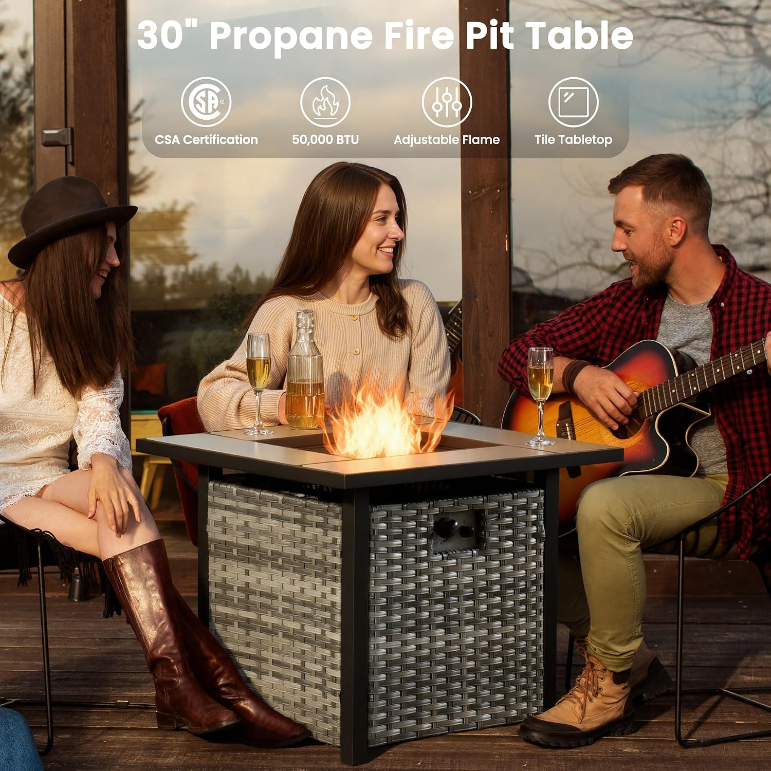 ovios 7 Pieces Patio Furniture Set with Square Fire Pit Table, Swivel Rocking Chairs, Outdoor High Back Wicker Rattan Conversation Set for Deck Porch, Beige
