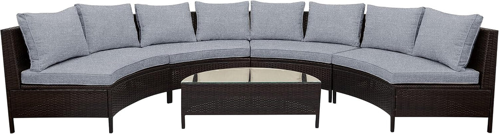 Merax 5-Piece Outdoor Sectional Sofa Set, All-Weather PE Wicker Patio Furniture with Tempered Glass Table, Half-Moon Conversation Set for Garden, Deck, Backyard Living Area,Grey