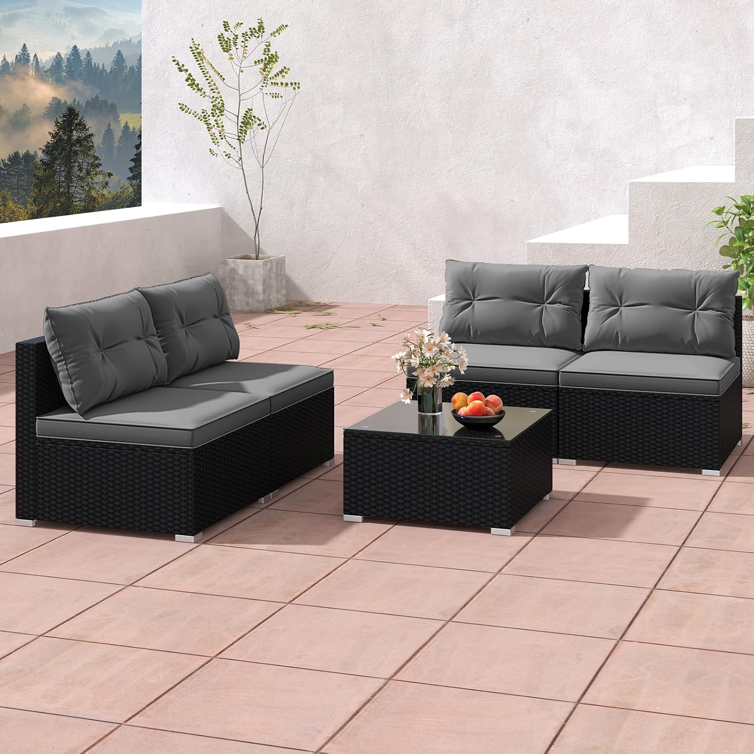 RELAX4LIFE 5-Piece Outdoor Patio Furniture Set, Rattan Sectional Sofa Set w/Glass-Top Coffee Table, Soft Seat & Back Cushions, Bistro Set for Garden Backyard Porch, Wicker Conversation Set (Grey)