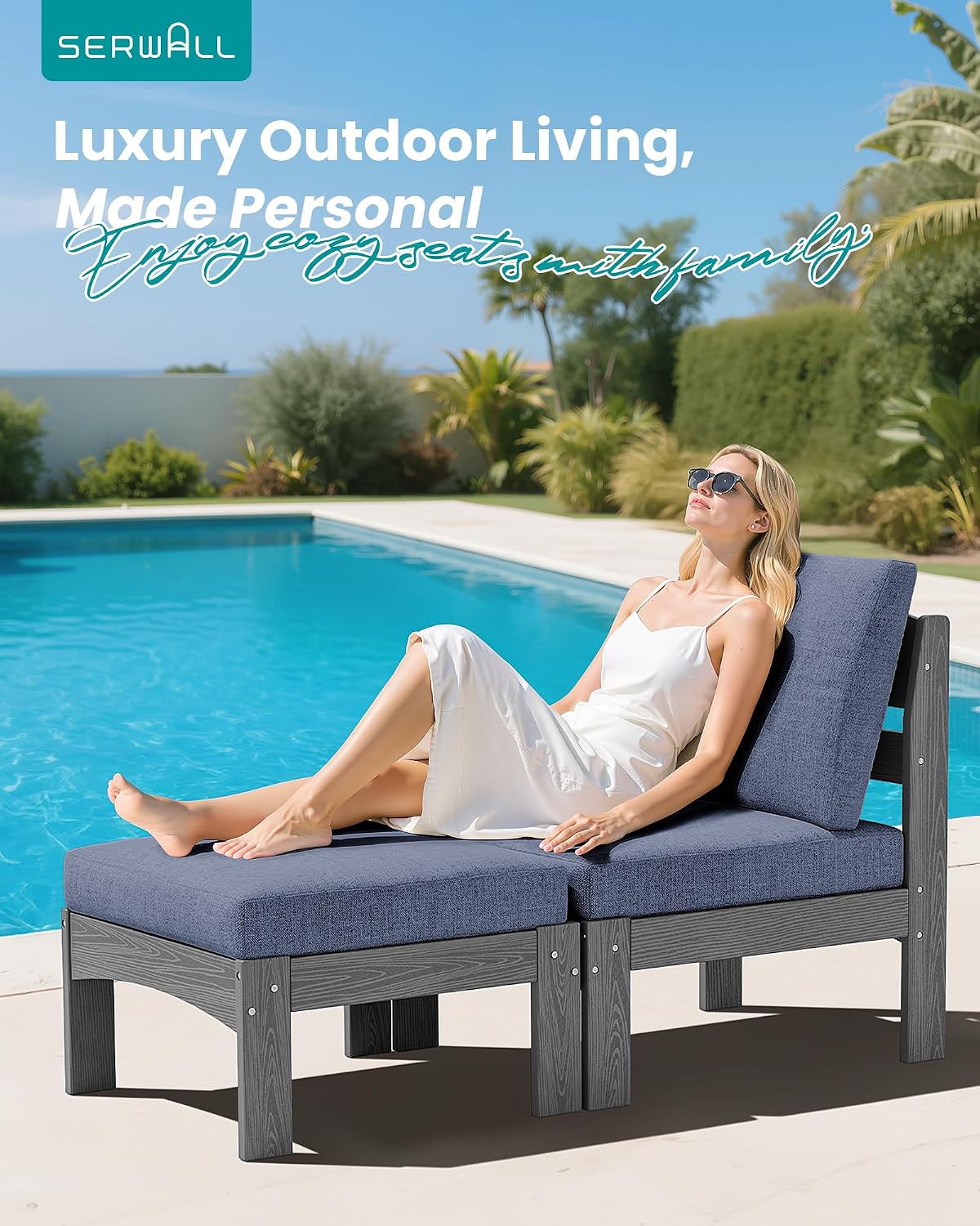 SERWALL 2 Pieces Patio Sofas, HDPE Outdoor Conversation Set with Cushions and Ottoman, Modular Sectional Patio Furniture for Backyard, Deck, Garden, Poolside, Grey Frame with Grey Cushion