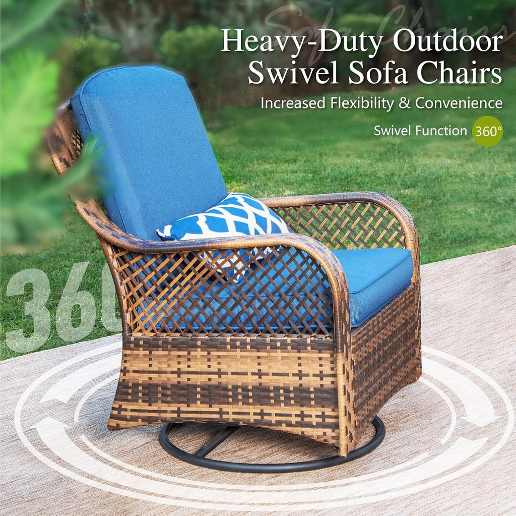 PHI VILLA Oversized Outdoor Swivel Rocker Chairs Set 3 Piece with 1 Table and 2 Rocking & Swivel Chairs Support 350lbs Navy Blue Wicker Outdoor Furniture Patio Conversation Set