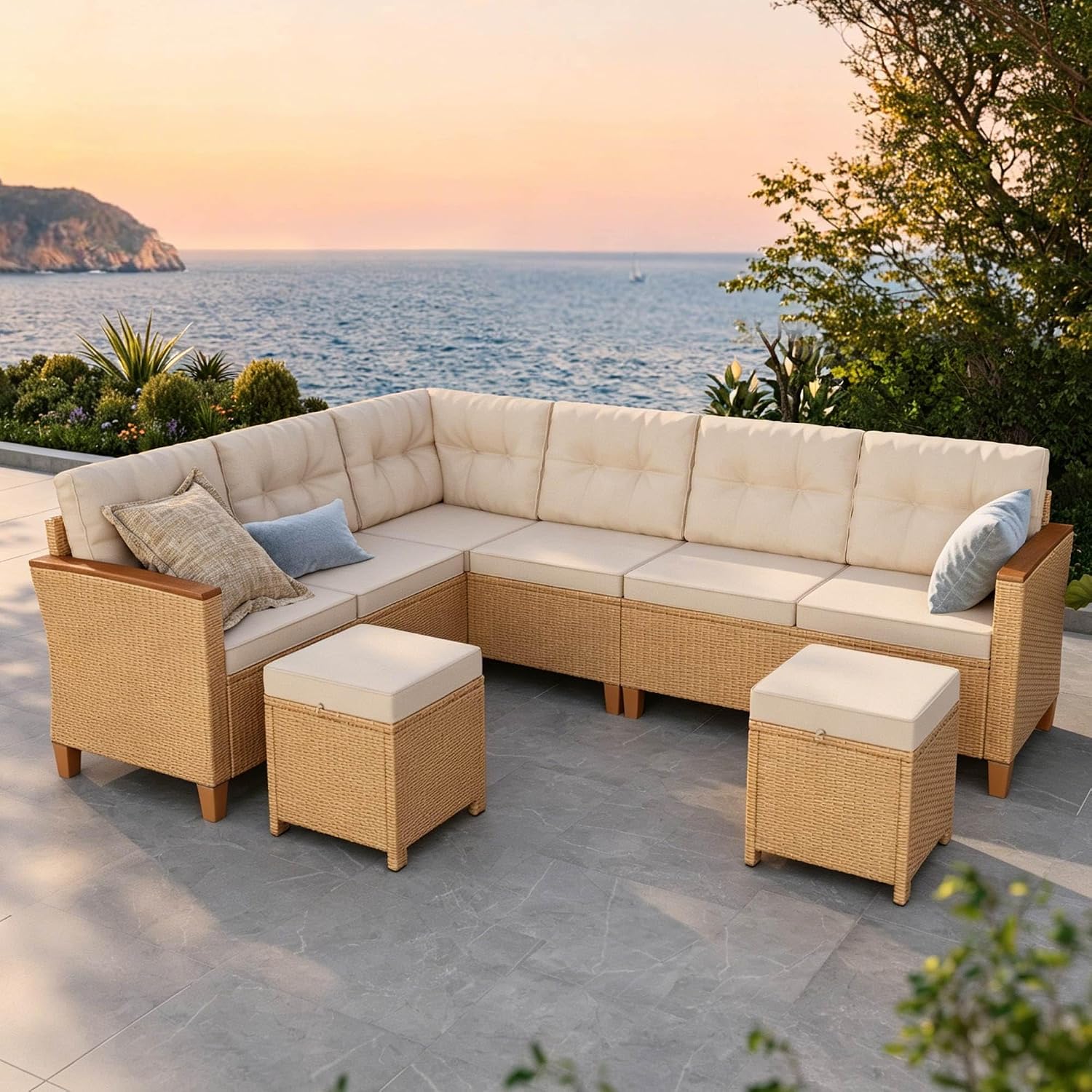 SUNSHINE VALLEY Small Patio Furniture Set, 6 Piece Wicker Outdoor Patio Conversation Set, Outside L-Shaped Sectional Sofa Couch with Chaise Lounge and 2 Ottomans for Porch Balcony Deck