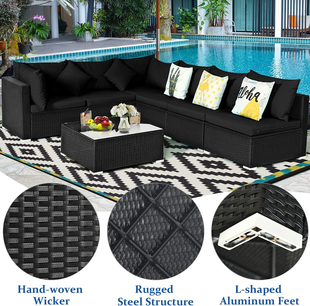 COSTWAY 7 Pieces Patio Furniture Set, Outdoor Rattan Conversation Set with 6 Seats, Coffee Tea Table, Soft Cushions, Wicker Patio Sectional Sofa for Garden Balcony Porch Poolside, Black