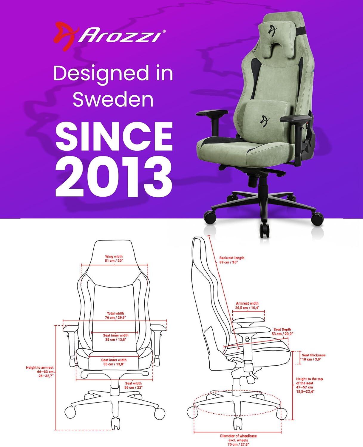 Arozzi Vernazza Gaming Chair XL- Super Soft Gaming Chairs for Adults Adjustable Height, Large Spacious Seat & Backrest with Support Pillows - Swedish Design Home Office Computer Chairs, Forest