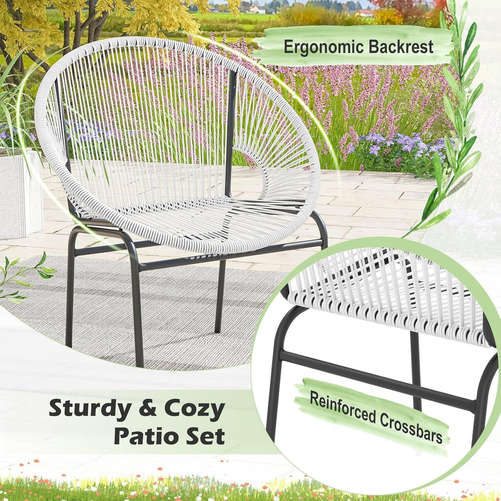 Tangkula 3 Piece Outdoor Patio Furniture Set, Acapulco Chair Set w/Plastic Rope, Tempered Glass Table, All Weather Patio Bistro Set for Patio, Lawn, Garden, Backyard
