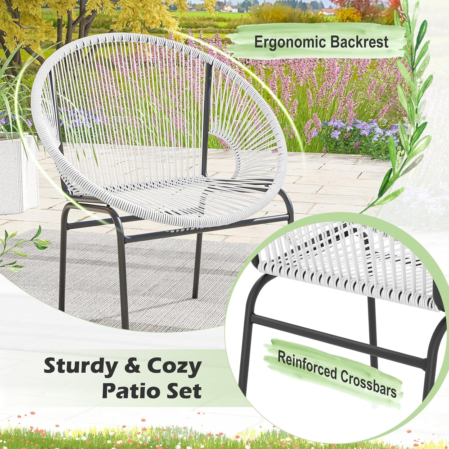 Tangkula 3 Piece Outdoor Patio Furniture Set, Acapulco Chair Set w/Plastic Rope, Tempered Glass Table, All Weather Patio Bistro Set for Patio, Lawn, Garden, Backyard