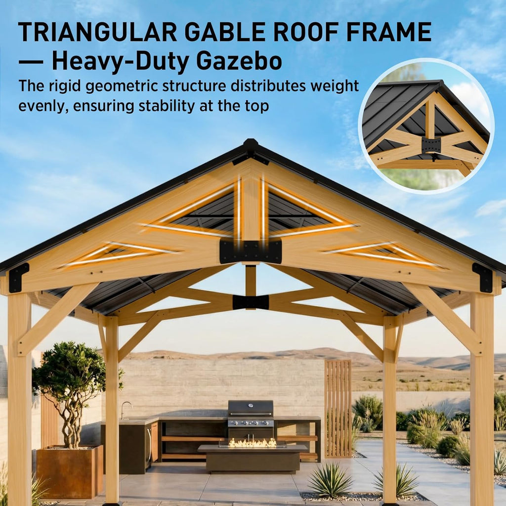 EAGLE PEAK 11x13 Hardtop Gazebo, Exposed Beam Rustic Gazebo, Galvanized Steel Gable Roof with Cedar Wood Frame, Outdoor Pavilion for Patio, Deck, Lawn and Garden Natural Wood/Black