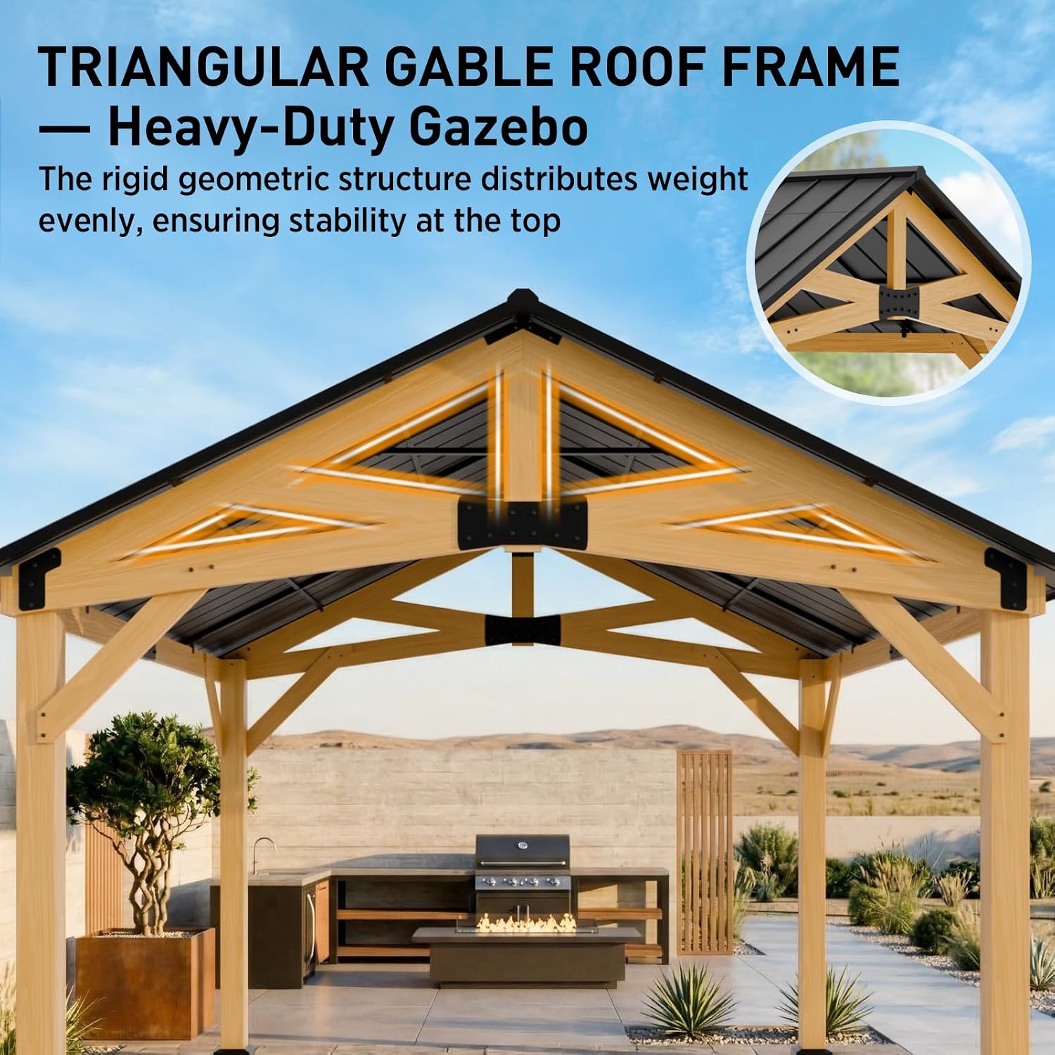 EAGLE PEAK 11x13 Hardtop Gazebo, Exposed Beam Rustic Gazebo, Galvanized Steel Gable Roof with Cedar Wood Frame, Outdoor Pavilion for Patio, Deck, Lawn and Garden Natural Wood/Black