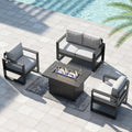 LayinSun 4 Pieces Aluminum Outdoor Patio Furniture Set, Metal Modern Conversation Sofa Set with Fire Pit Table and Washable Thick Cushions for Porch, Backyard, Deck