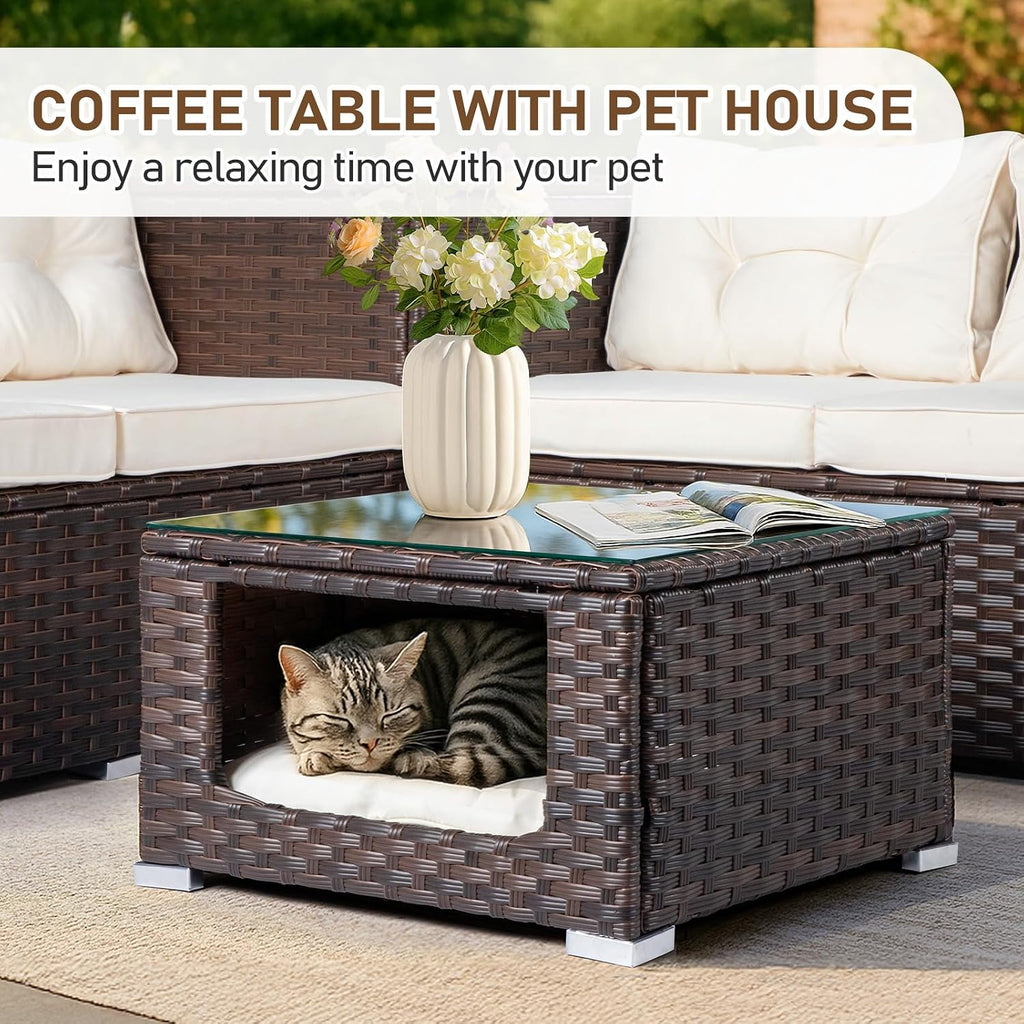 Outvita 4 Piece Outdoor Patio Furniture Set, PE Rattan Conversation Sofa Set, Wicker All-Weather Outside Furniture w/Glass Top Coffee Table with Pet Ped & Hidden Storage for Garden, Balcony (Brown)