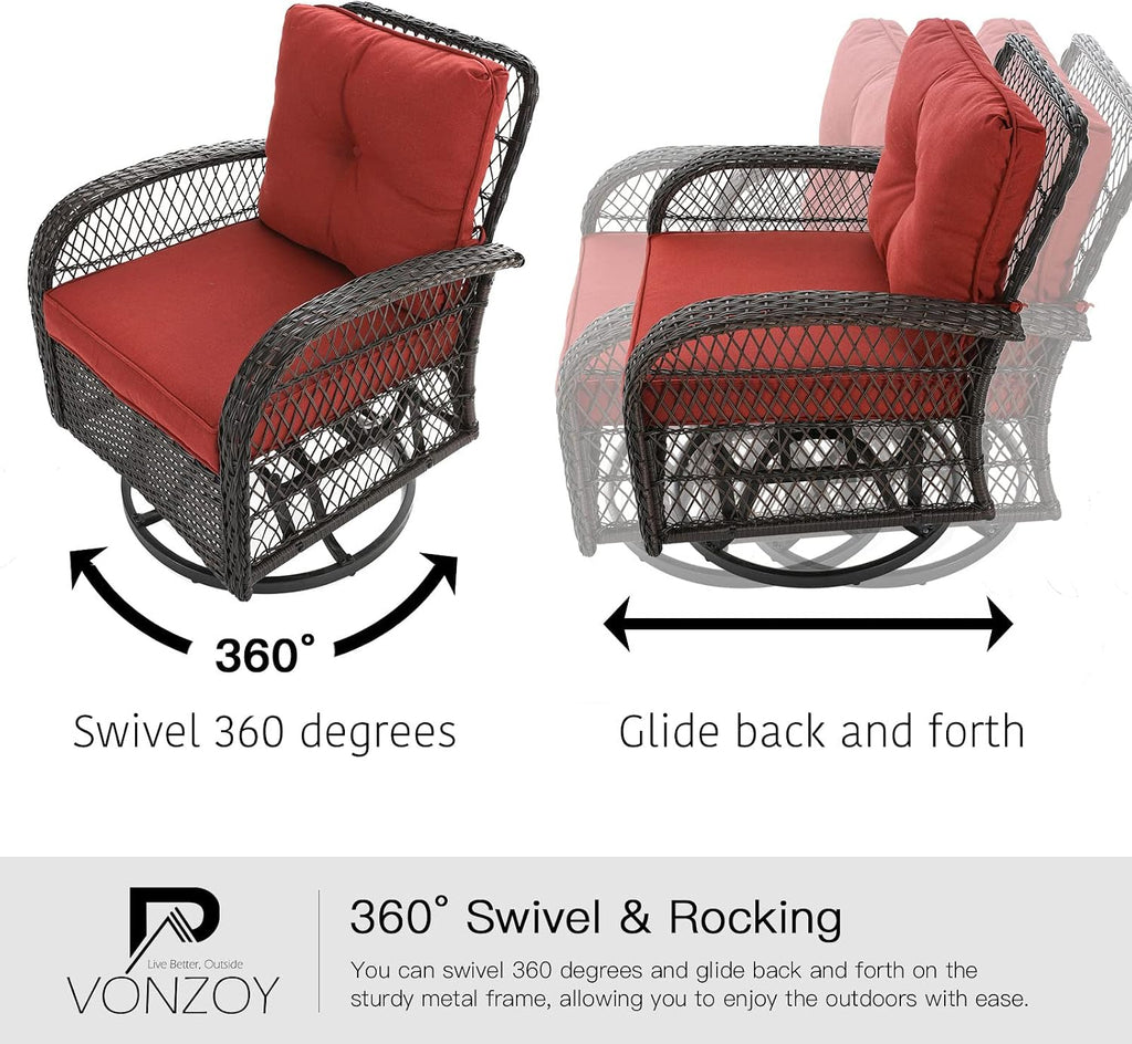 3 Pieces Patio Furniture Set, Outdoor Swivel Glider Rocker, Wicker Patio Bistro Set with Rocking Chair, Thickened Cushions and Table for Porch (Red)