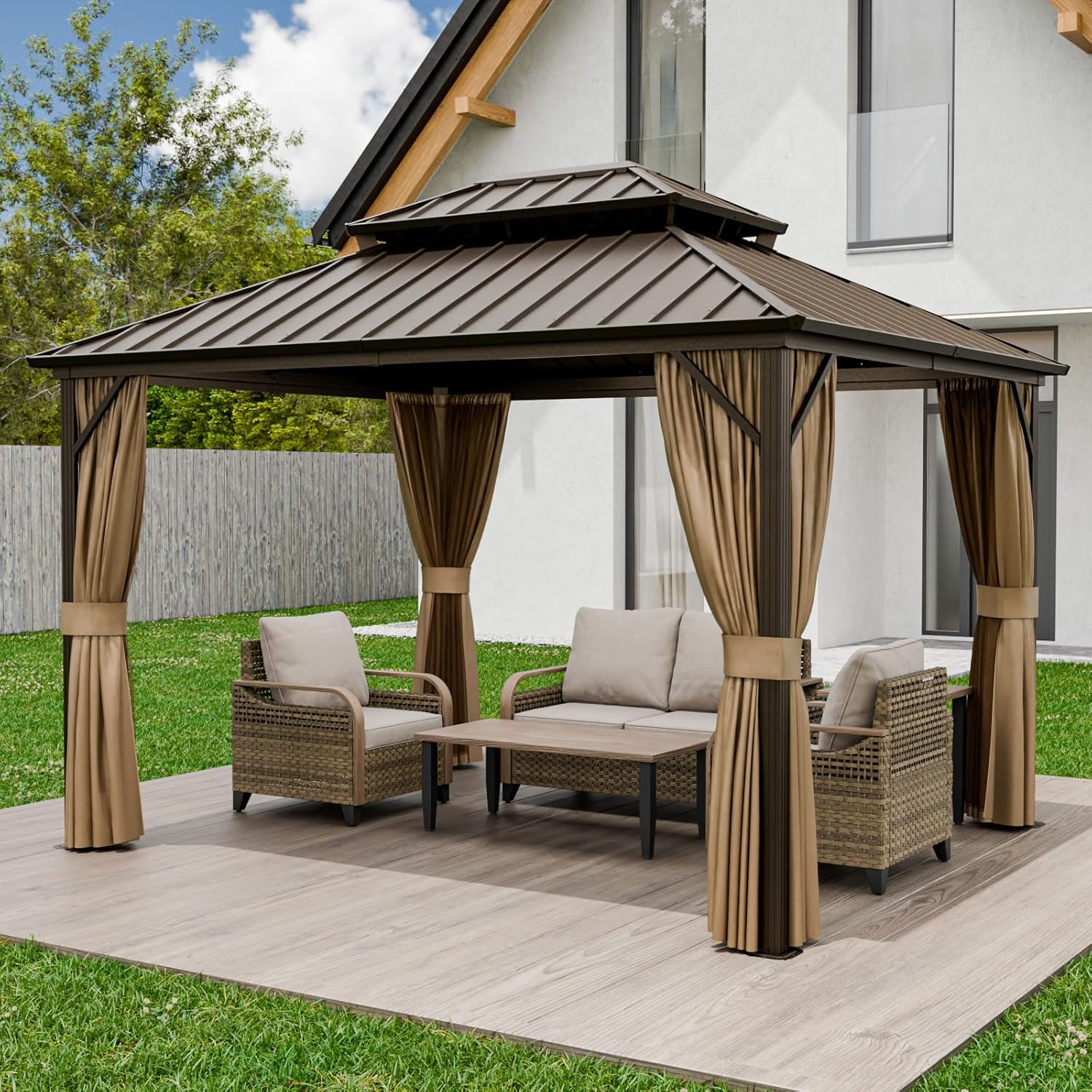 EAGLE PEAK 12x10 Hardtop Gazebo, Galvanized Steel Double Roof with Aluminum Frame, Outdoor Pavilion with Netting and Curtains for Patio, Deck, Lawn and Garden, Dark Brown/Tan