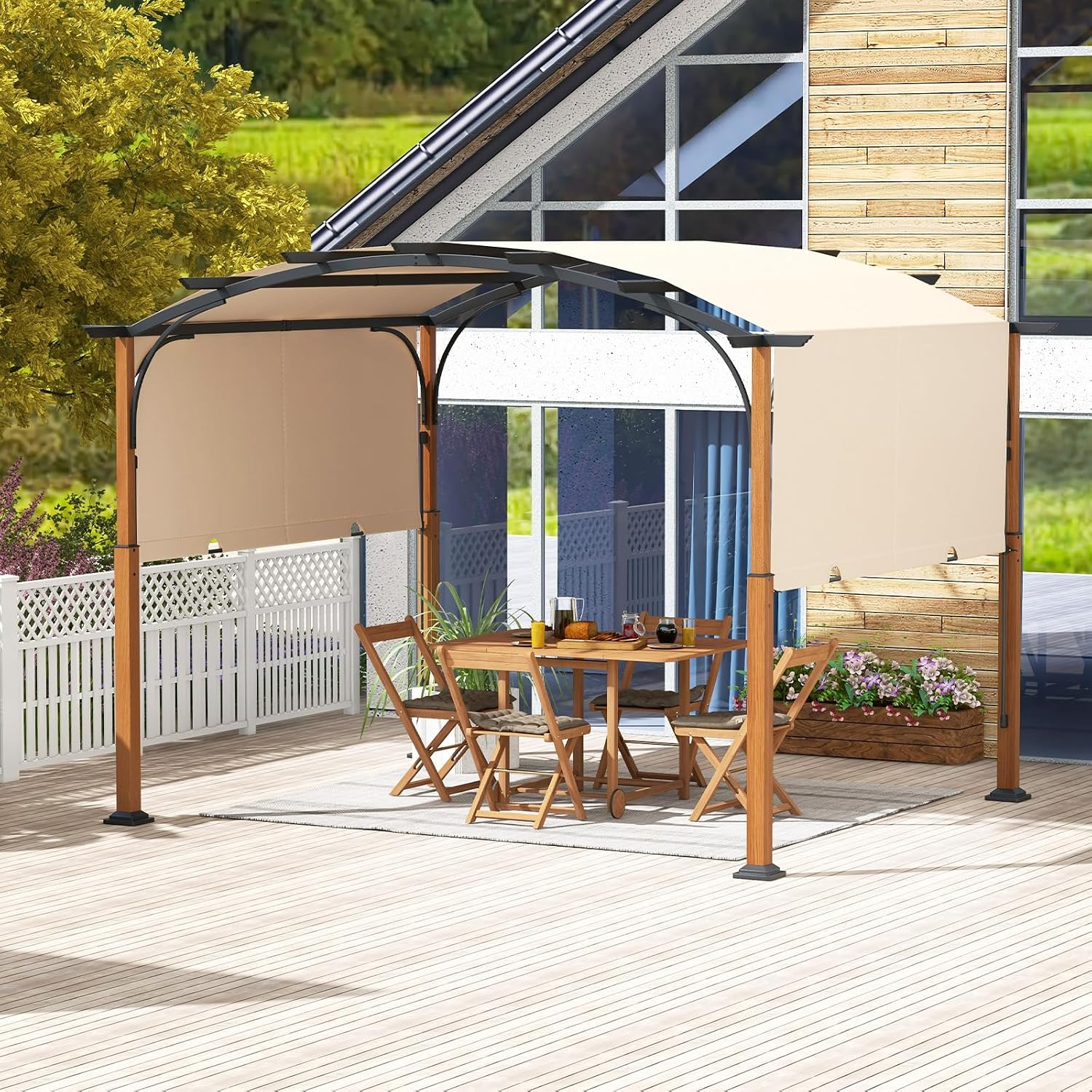 Tangkula Arched Patio Shelter Pavilion with Retractable Sun Shade Canopy, Extra Large Outdoor Pergola for Deck, Porch, Garden, Yard (Beige)