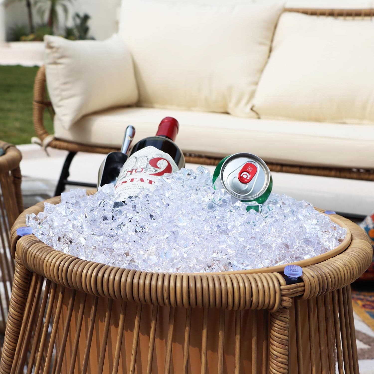 NICESOUL Boho 3-Piece L-Shaped Outdoor Patio Furniture Set with Comfy 2' Thickened Cushion, High Back Wicker Lounge Sectional Sofa w/Ice Bucket for Porch Balcony Deck Garden, Beige