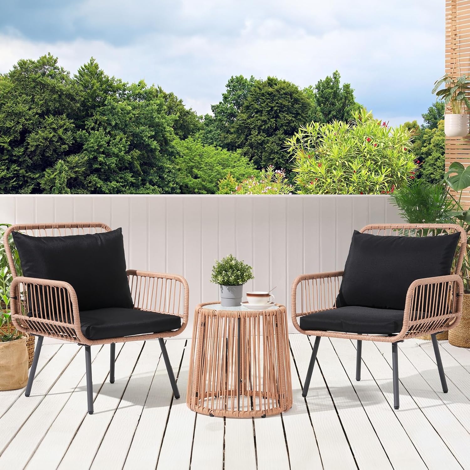 Verano Garden 3 Pieces Patio Bistro Sets, Outdoor Wicker Balcony Furniture Sets,Patio Rattan Furniture Set with Round Glass Table for Porch,Lawn,Garden,Backyard (Black, 3 PCS Set)