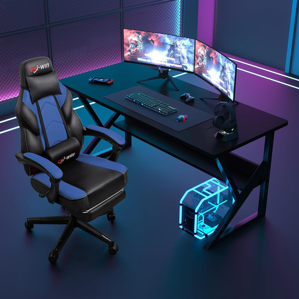 DL-win Gaming Chairs for Adults, Computer Chair with Footrest and Ergonomic High Back, Big and Tall Gamer Chairs with Massage Lumbar Support, 360° Swivel Height Adjustable Gaming Chair, Blue