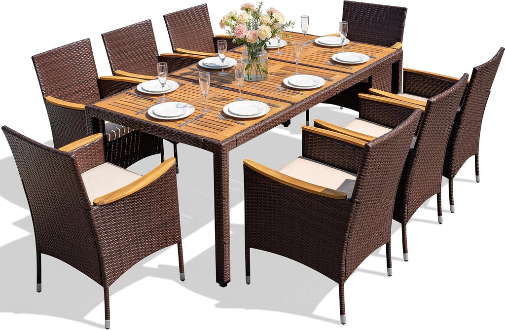 Devoko Outdoor Patio Dining Sets 9 Pieces Wicker Outdoor Dining Table and Chairs Set with Acacia Wood Table Top and Widened Armrests for Backyard, Garden, Deck (Brown)