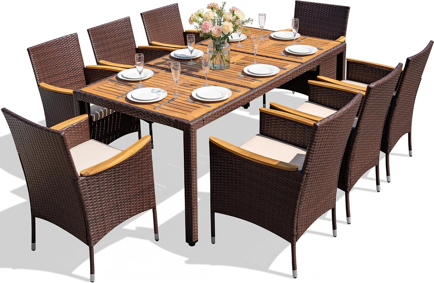 Devoko Outdoor Patio Dining Sets 9 Pieces Wicker Outdoor Dining Table and Chairs Set with Acacia Wood Table Top and Widened Armrests for Backyard, Garden, Deck (Brown)
