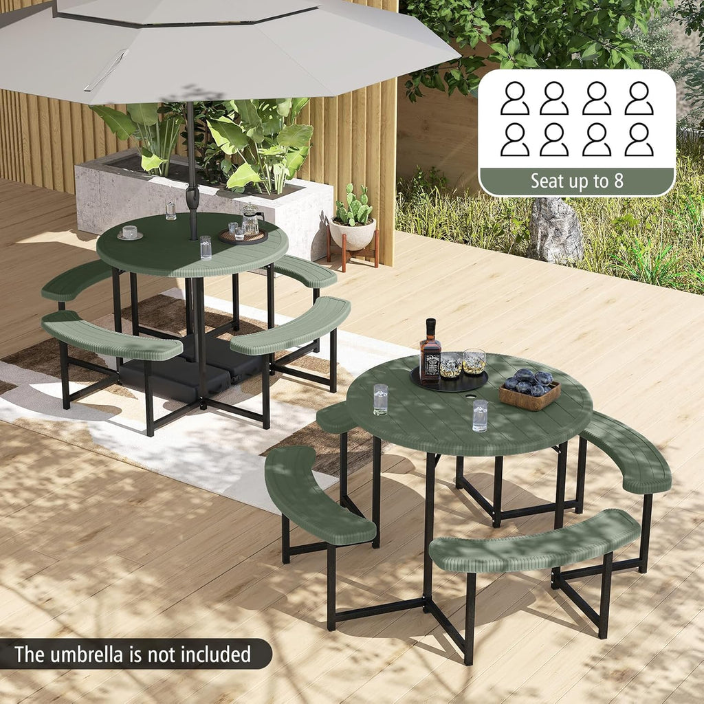 Giantex Picnic Table Bench Set for 4-8 Person, Round 37' Outdoor Dining Table w/Umbrella Hole, HDPE Tabletop, Metal Frame, Patio Furniture Set for Backyard Porch Lawn, 1400lb Capacity (Green,Round)