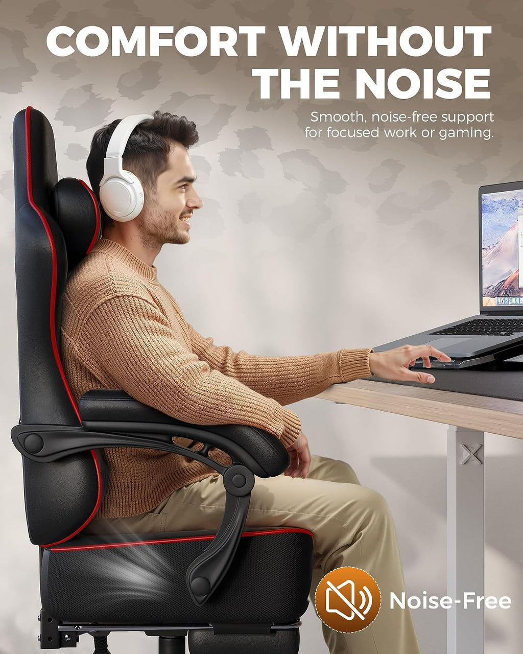 GTPLAYER Big and Tall Gaming Chair with Footrest, Ergonomic Office Desk Chair with 4.4in Thick Cushion and Wide Wingless Seat, Comfortable Leather Computer Chair, Predator Series, Black Red