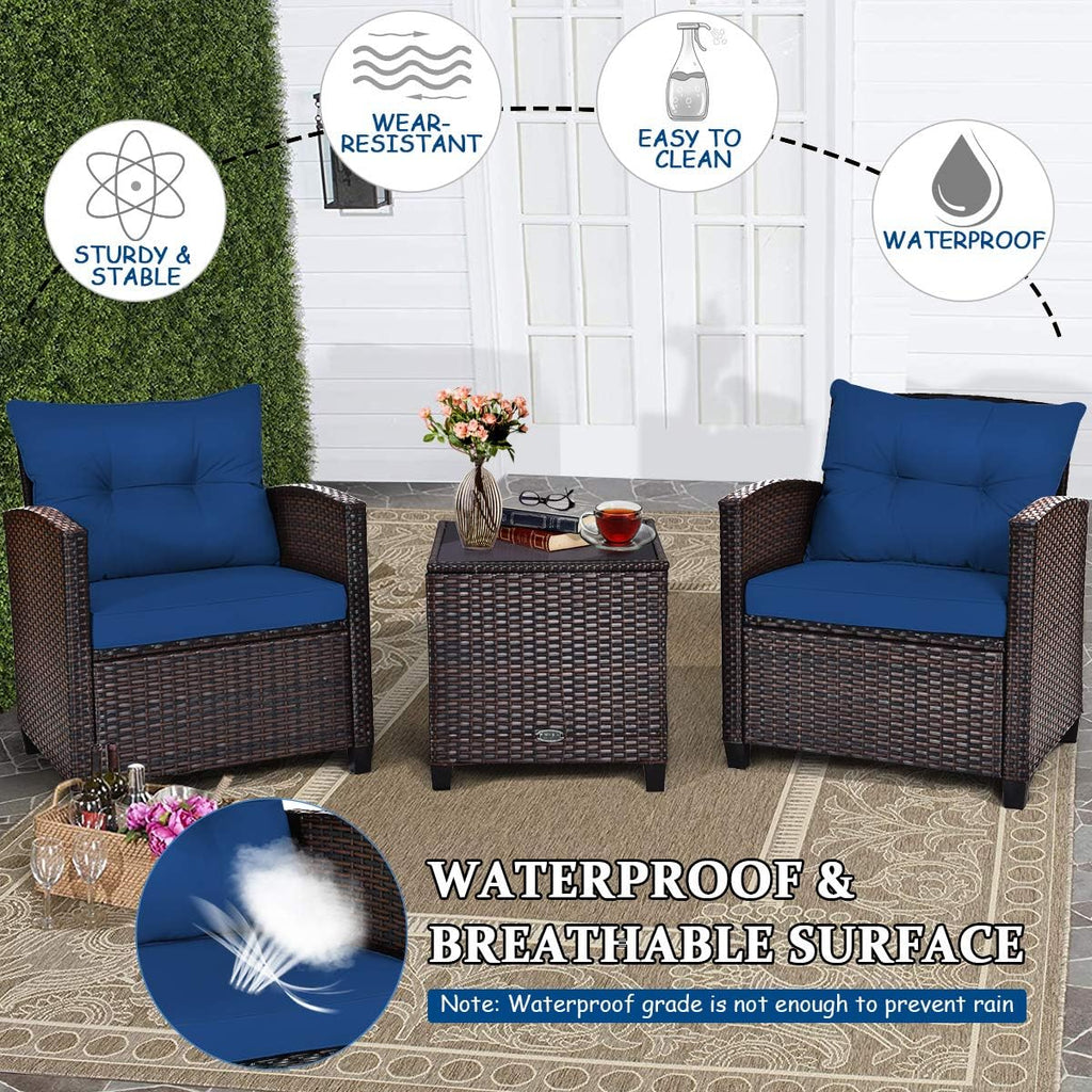 COSTWAY 3PCS Patio Furniture Set, PE Rattan Wicker Sofa w/Washable Cushion and Coffee Table, Tempered Glass Tabletop, Outdoor Conversation Set for Balcony, Porch, Yard, Backyard, Lawn, Navy Blue