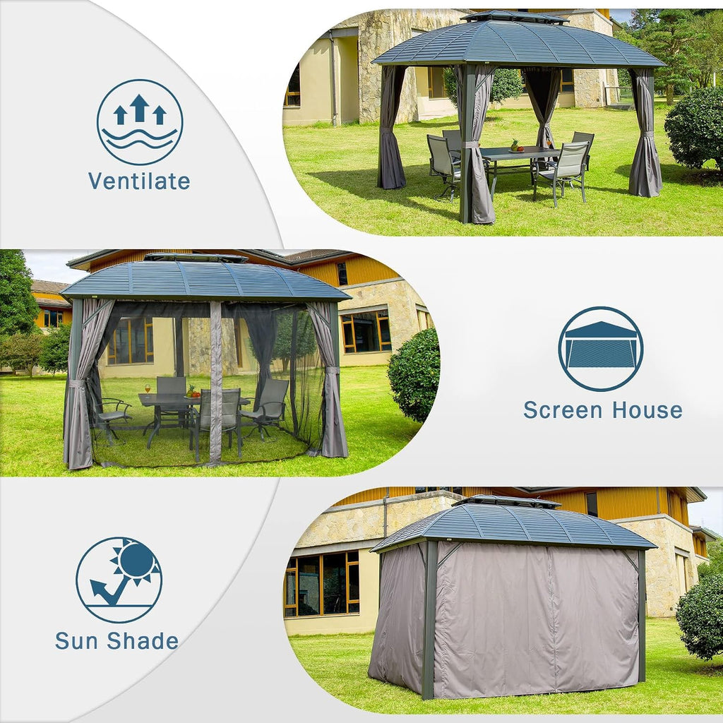Domi Outdoor Gazebo 10'x12', Permanent Hardtop Gazebo with Aluminum Frame for Patios Deck Backyard, Galvanized Steel Double Roof, Curtains and Netting for Lawns, Garden, Poolside