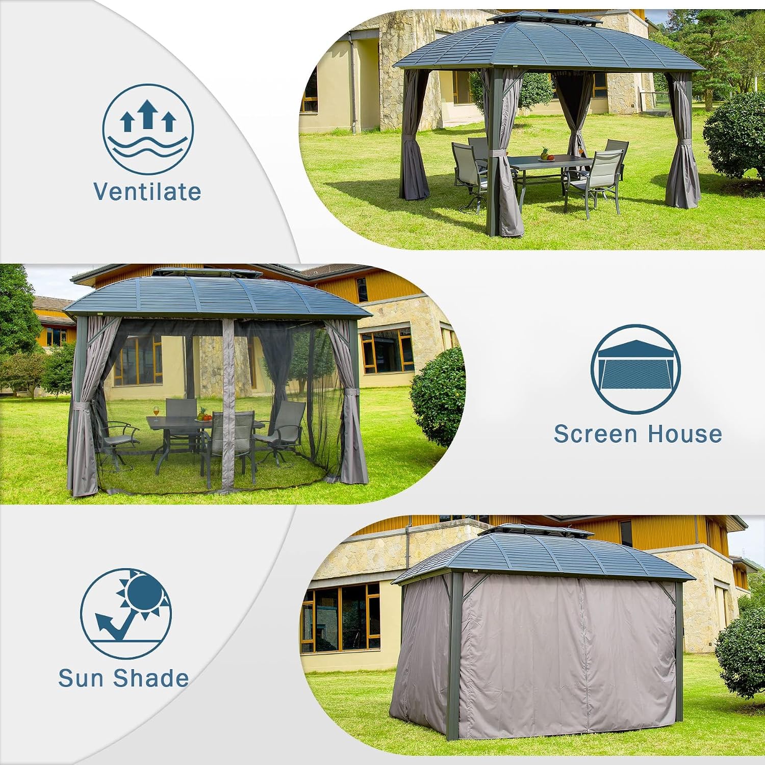 Domi Outdoor Gazebo 10'x12', Permanent Hardtop Gazebo with Aluminum Frame for Patios Deck Backyard, Galvanized Steel Double Roof, Curtains and Netting for Lawns, Garden, Poolside