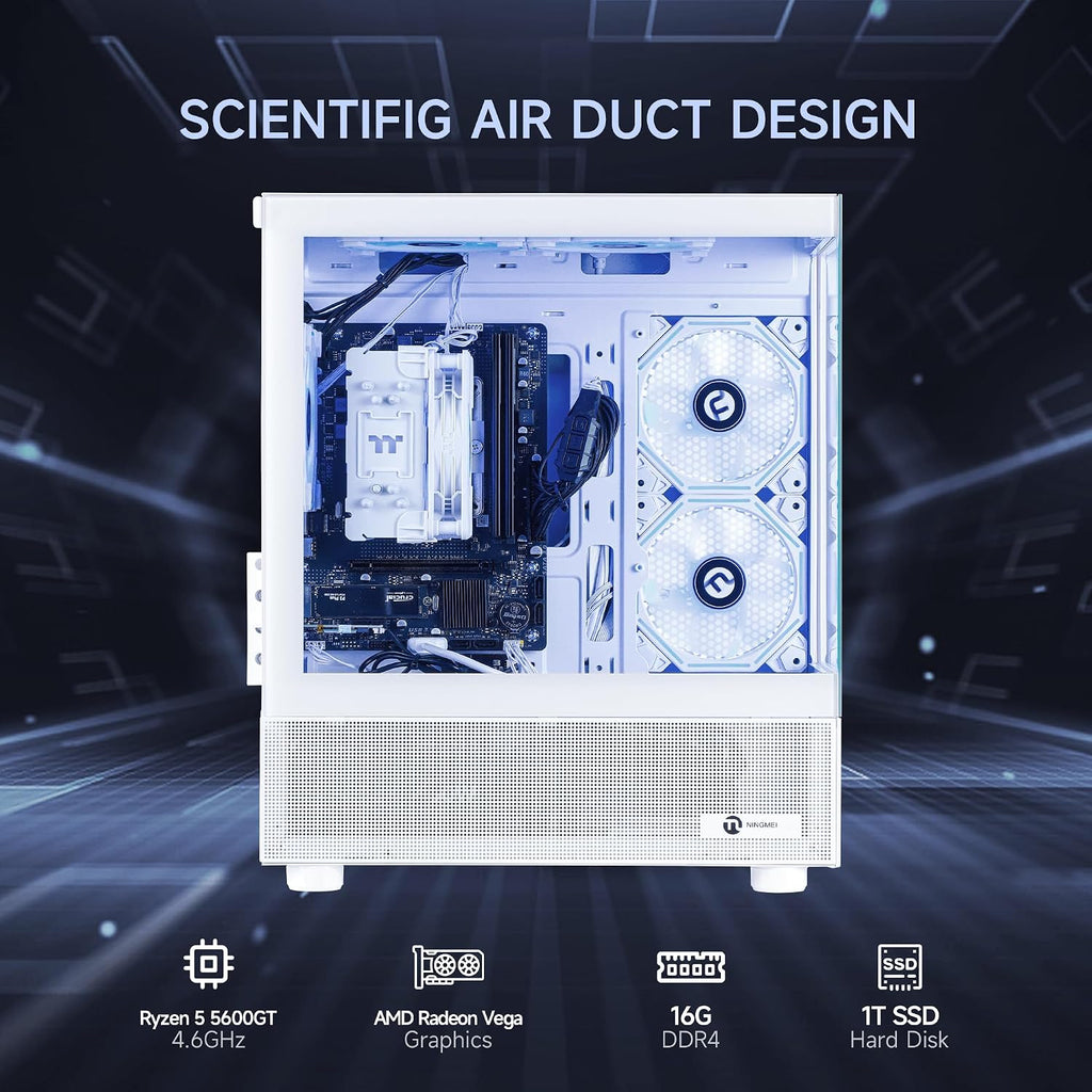 NINGMEI Soul Gaming PC Desktop,AMD Ryzen 5 5600GT 6 core 3.6GHz(up to 4.6GHz),AMD Radeon Vega 7 Graphics,16GB DDR4 RAM 3200MHz,1TB NVME SSD,550W PSU, Windows 11 Home 64-bit,White